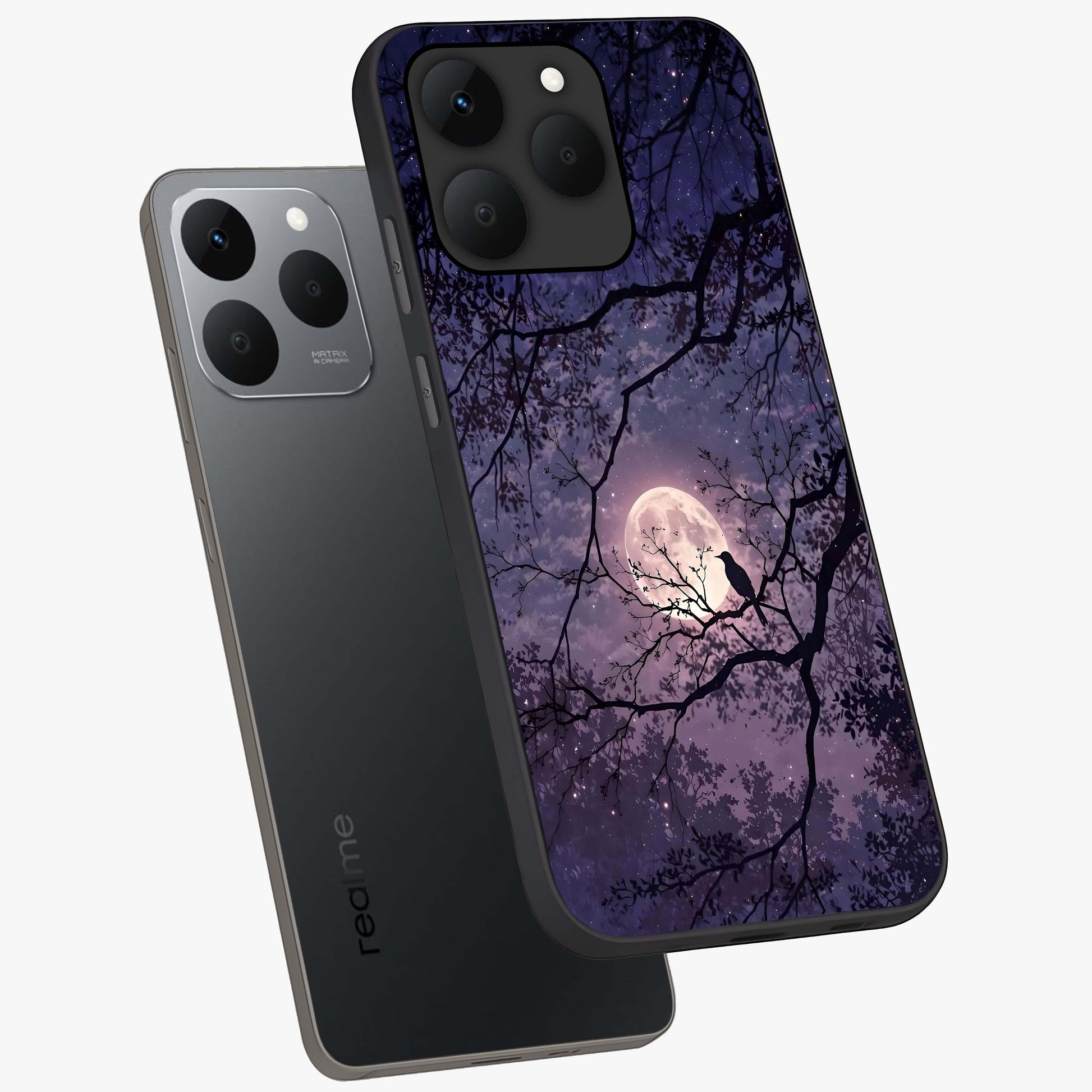 Whispering Moon Silence Glass Case displayed in angled mockup highlighting calm lunar design with dreamy night aesthetic.