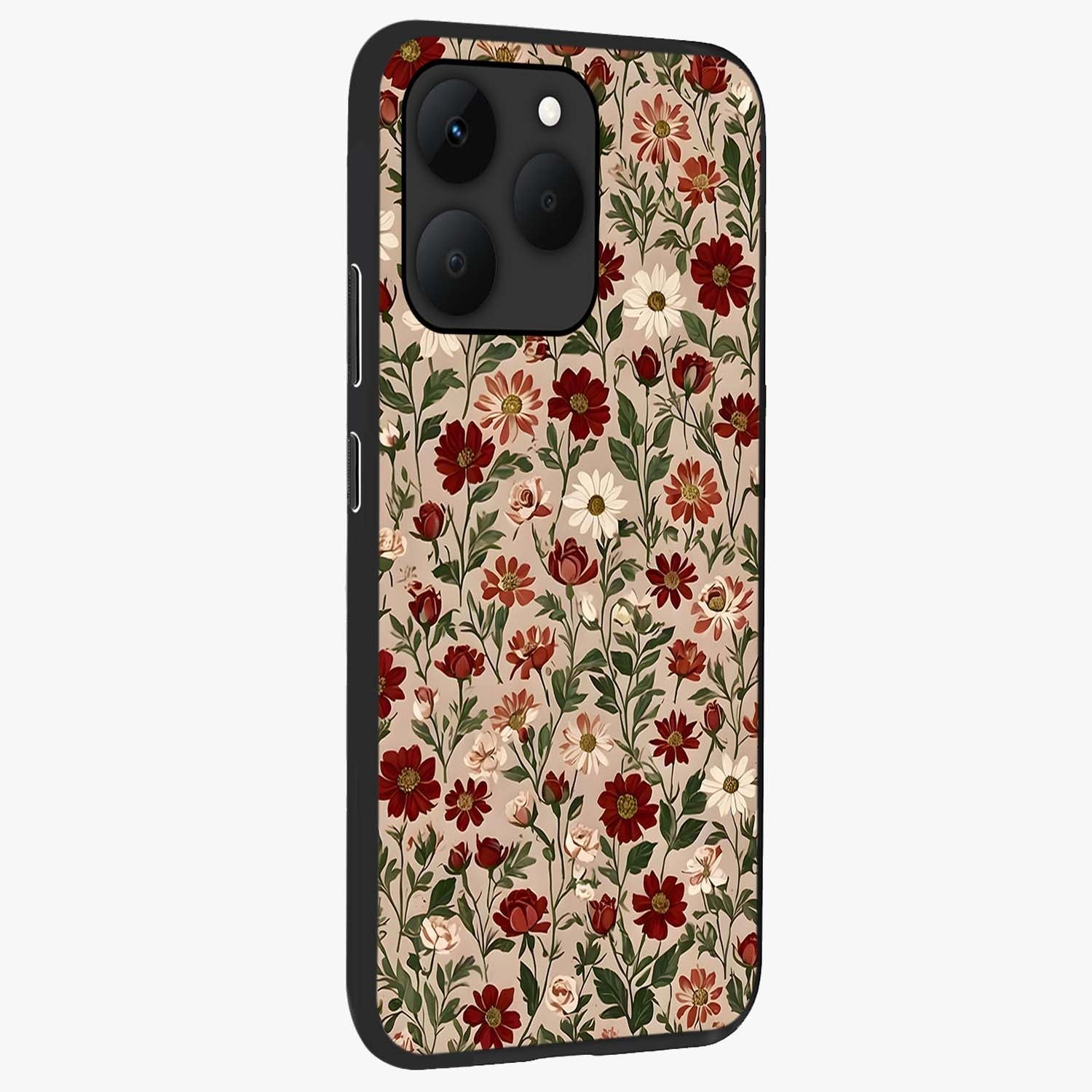 Biege Flower With Leaf Glass Case upright view showcasing delicate beige flower illustration with clean botanical style.