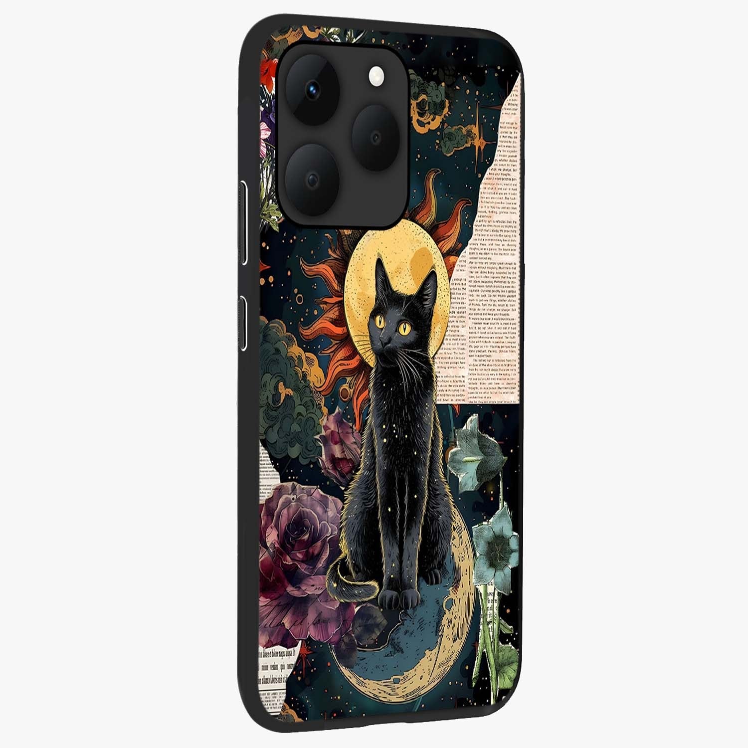 Celestial Black Cat Glass Case upright view showcasing magical black cat illustration with starry cosmic theme.