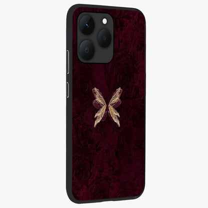Crimson Fade Butterfly Glass Case upright view showcasing graceful butterfly artwork with soft crimson fade effect.