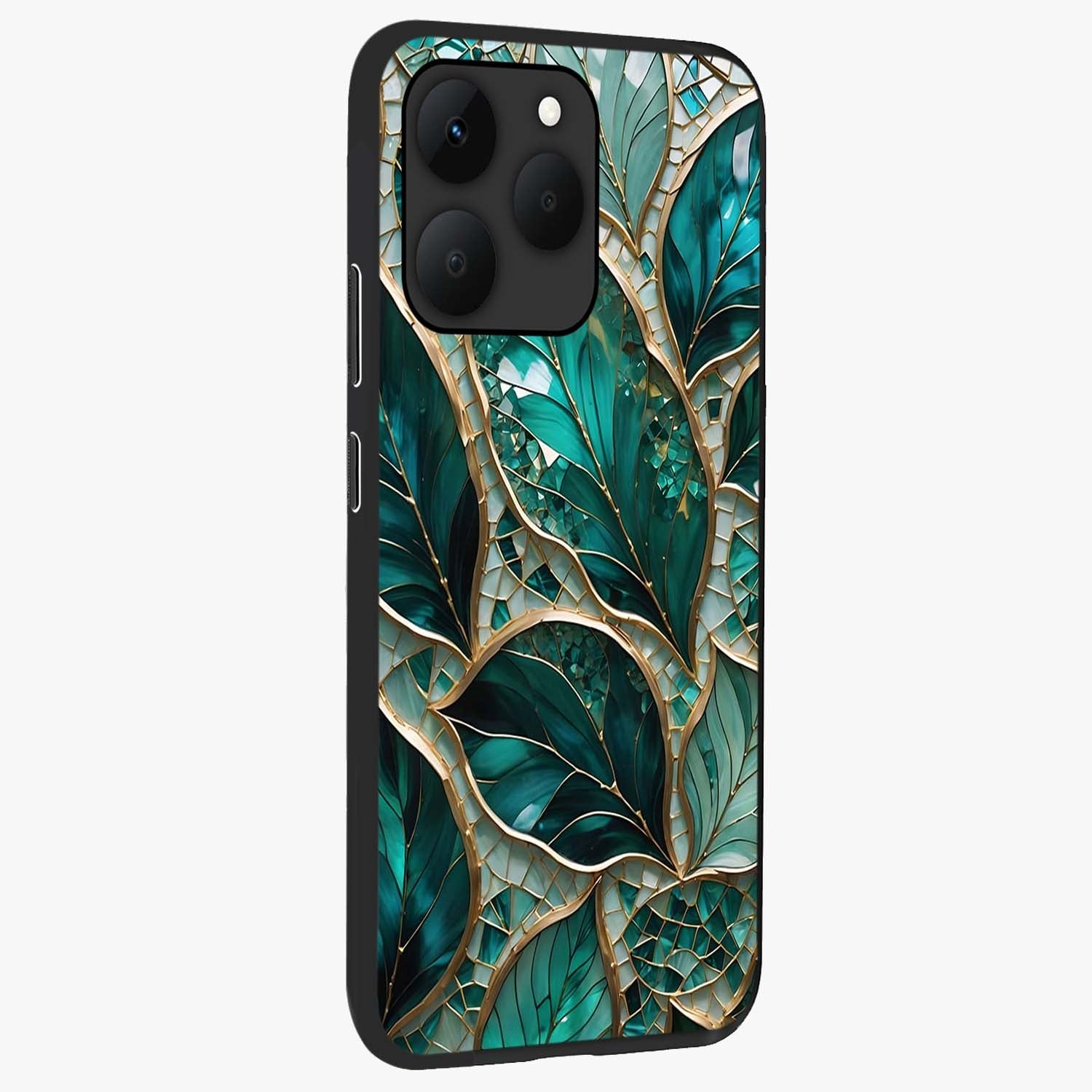 Emerald Leaf Glass Glass Case upright view showcasing fresh green leaf artwork with calming nature inspired style.