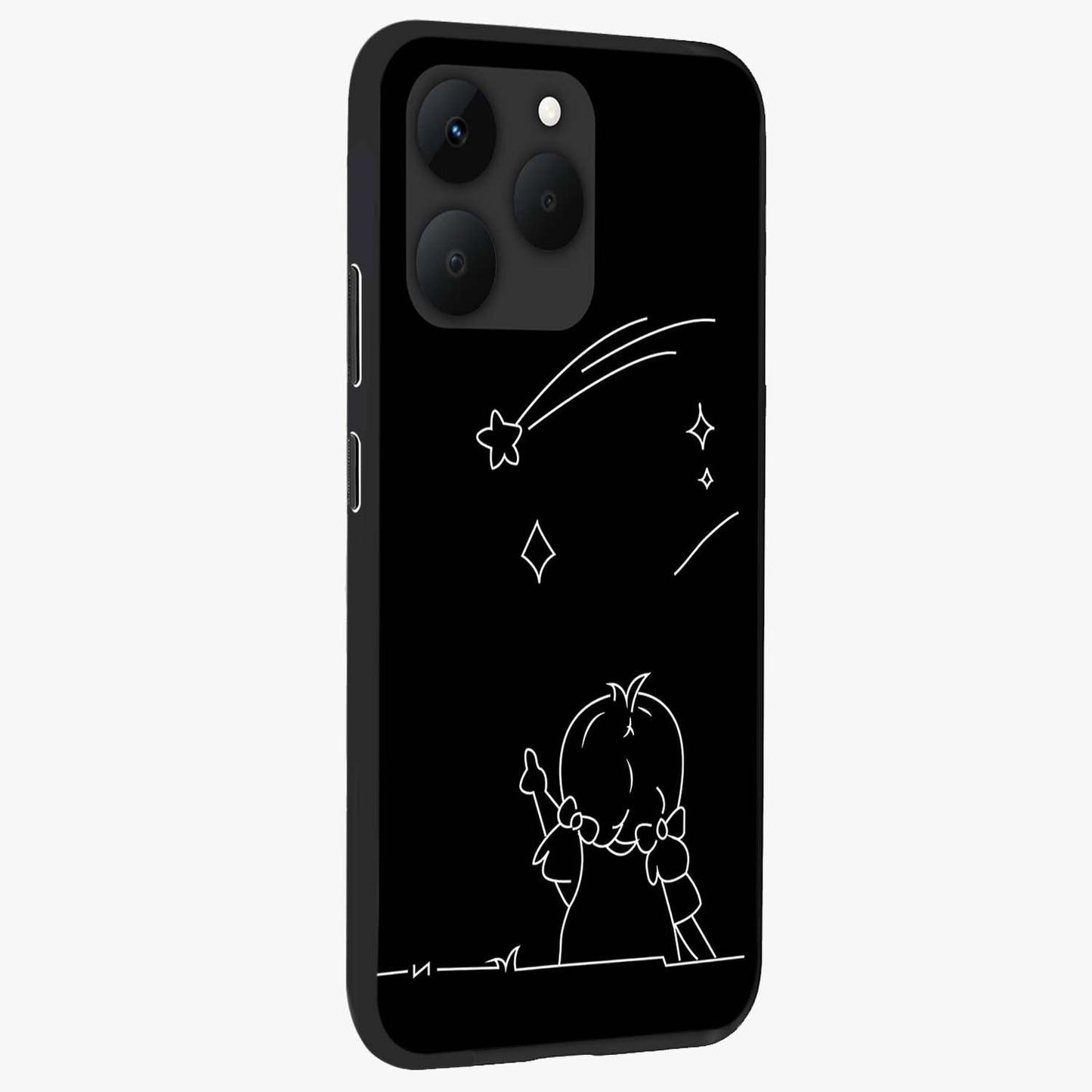 Line Art Girl With Shooting Stars Glass Case upright view showcasing delicate shooting stars artwork with minimal artistic theme.