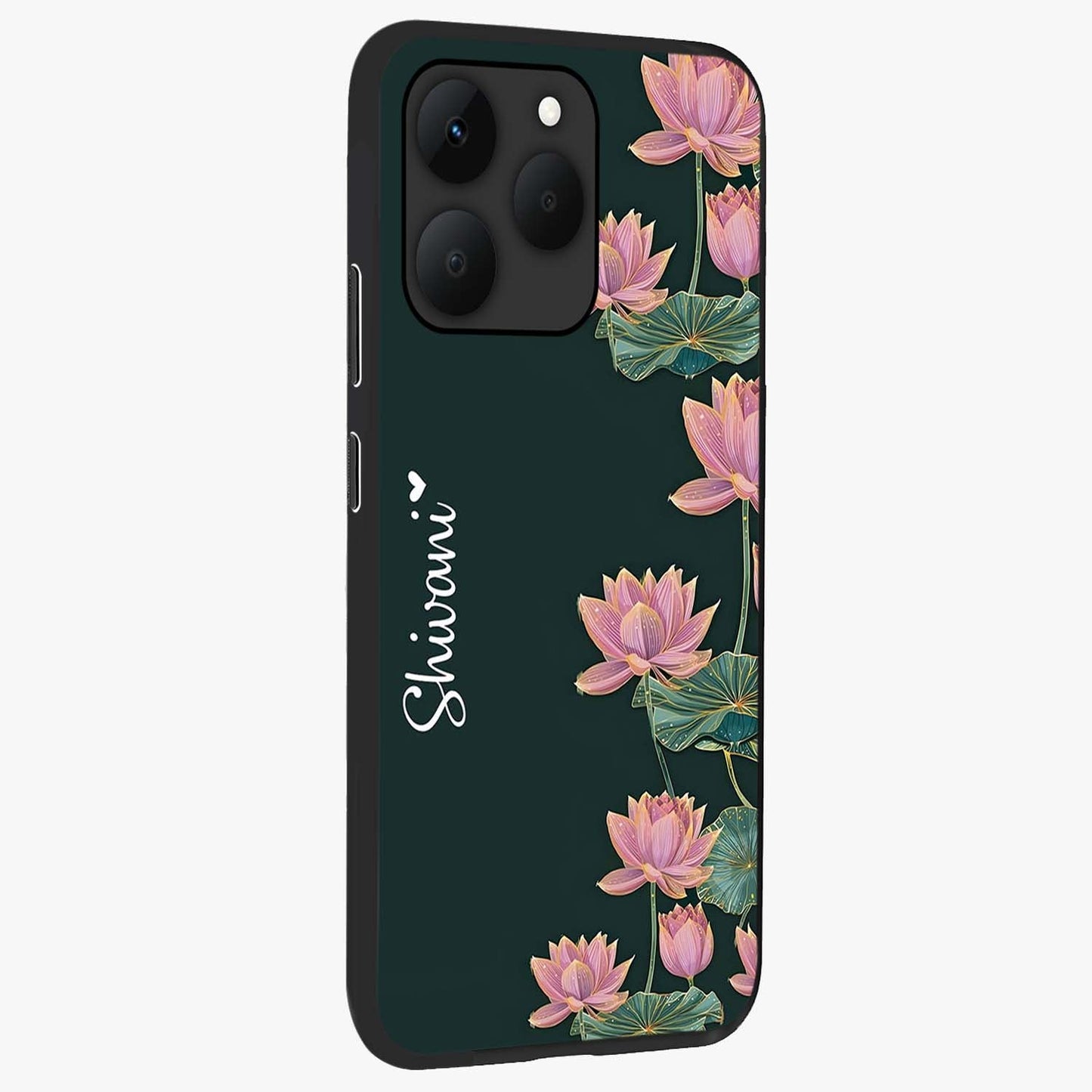 Lotus Bloom Serenity Custom Name Glass Case upright view showcasing serene lotus bloom artwork with personalized floral aesthetic.