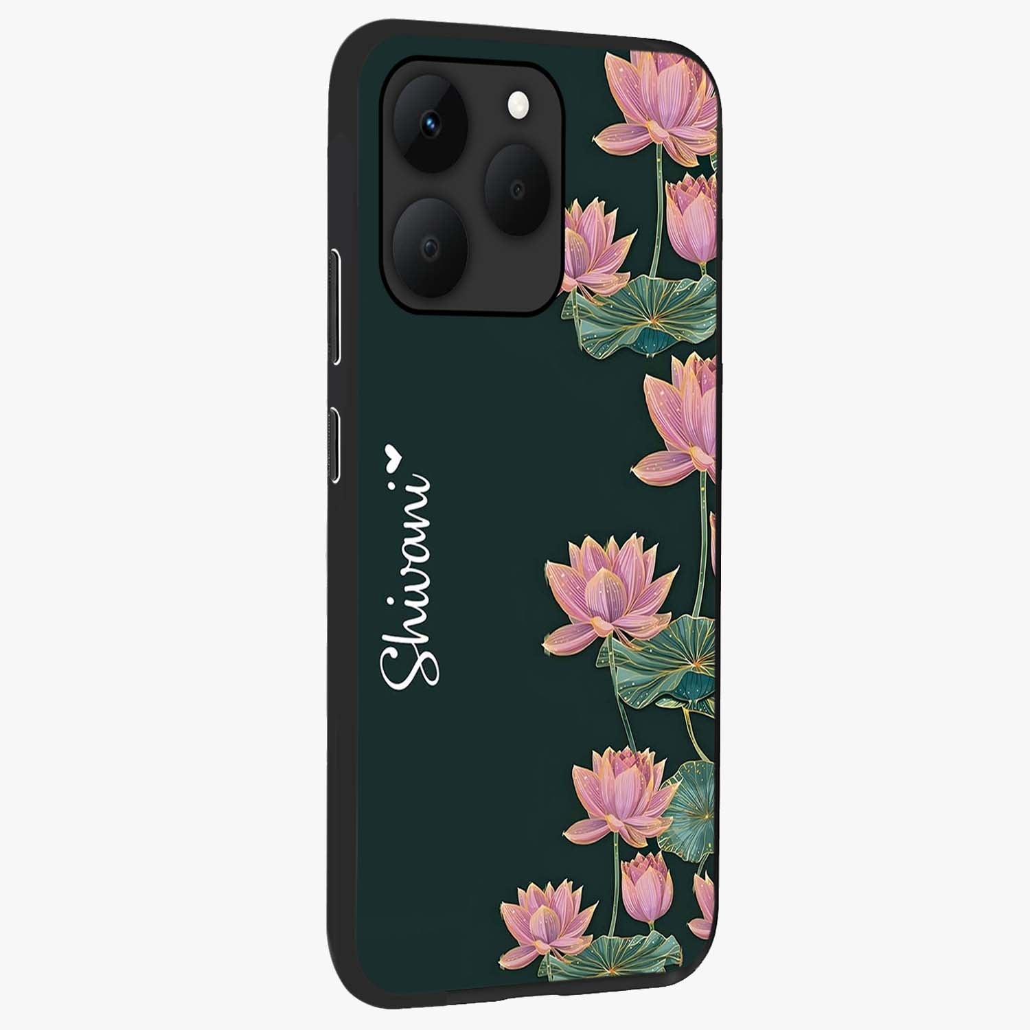 Lotus Bloom Serenity Custom Name Glass Case upright view showcasing serene lotus bloom artwork with personalized floral aesthetic.
