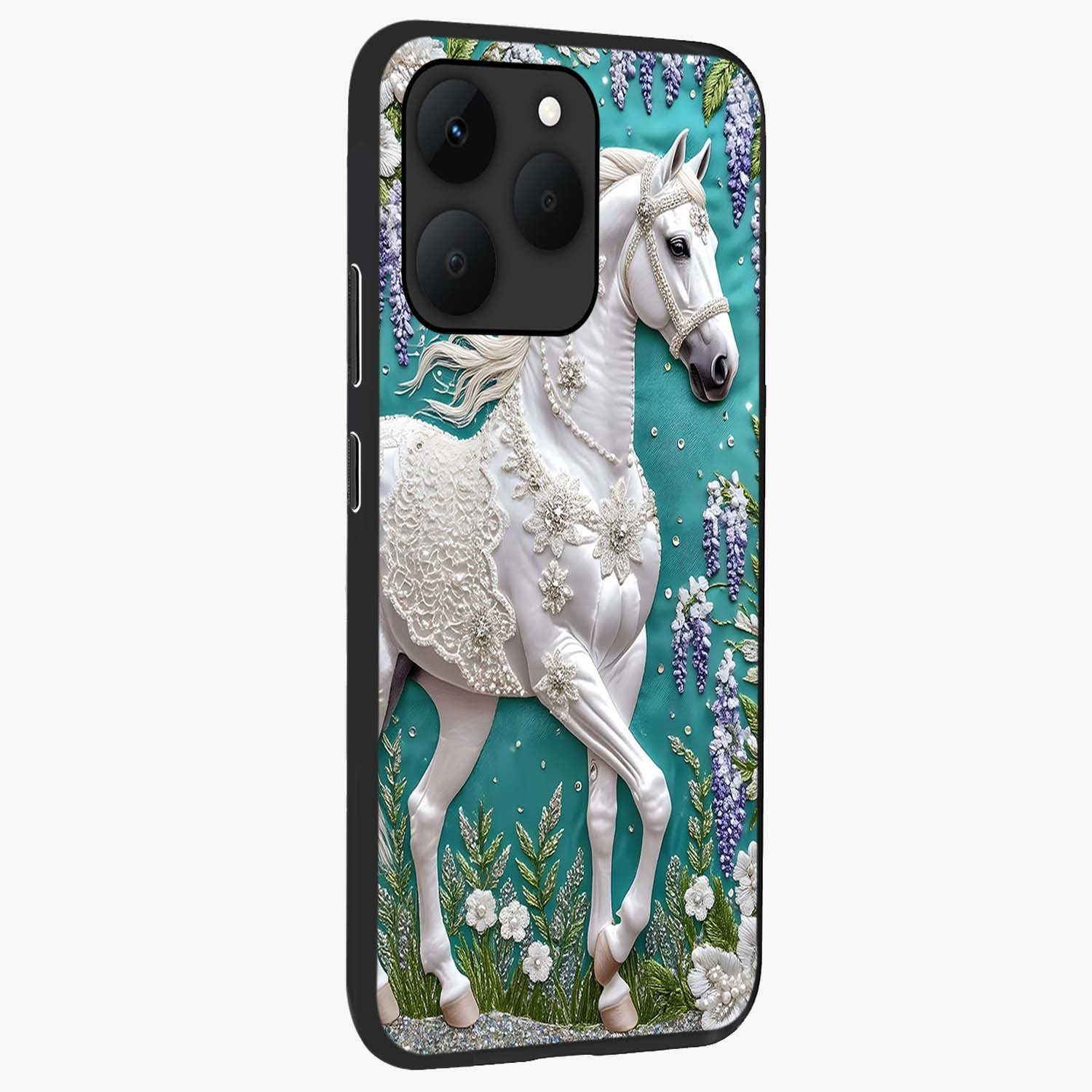 Majestic Floral Stallion Glass Case upright view showcasing dramatic horse artwork with decorative floral theme.