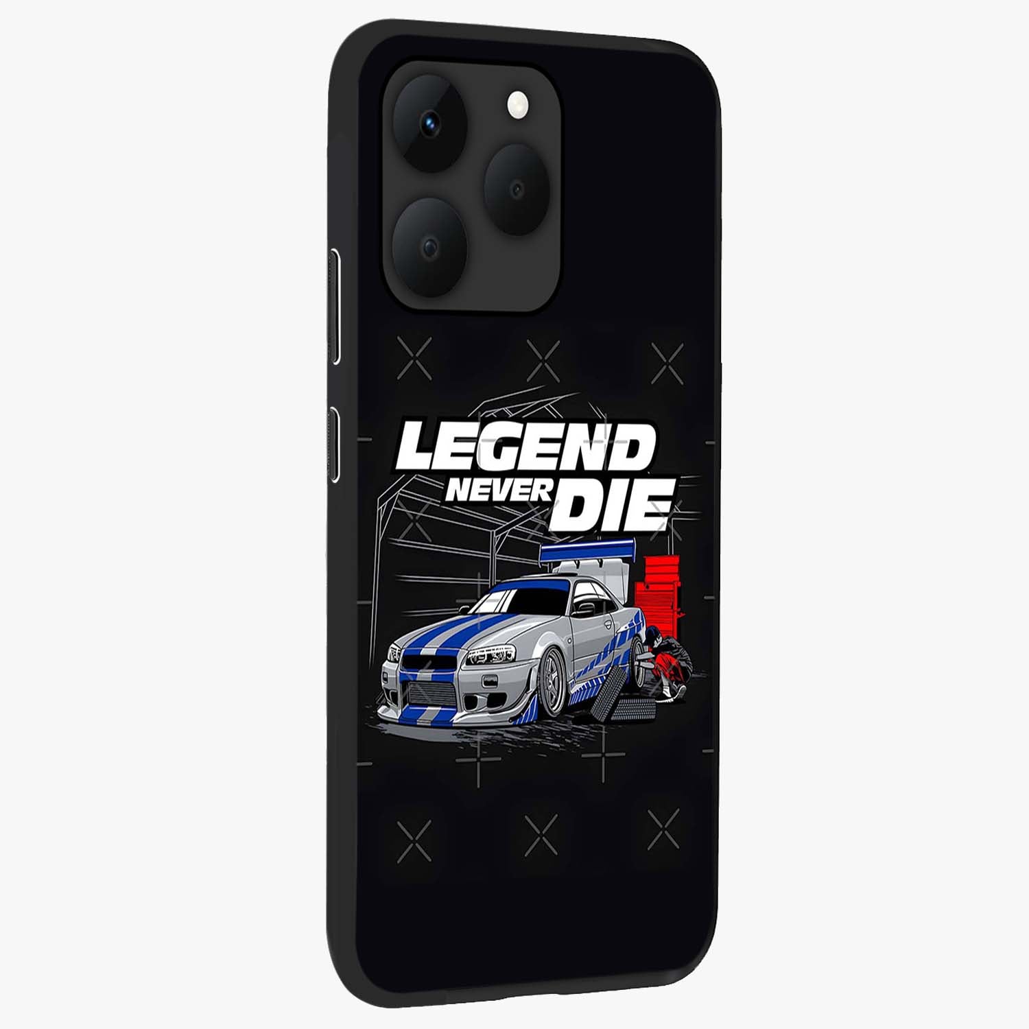 Midnight Racing Legacy Glass Case upright view showcasing powerful racing artwork with modern sports theme.