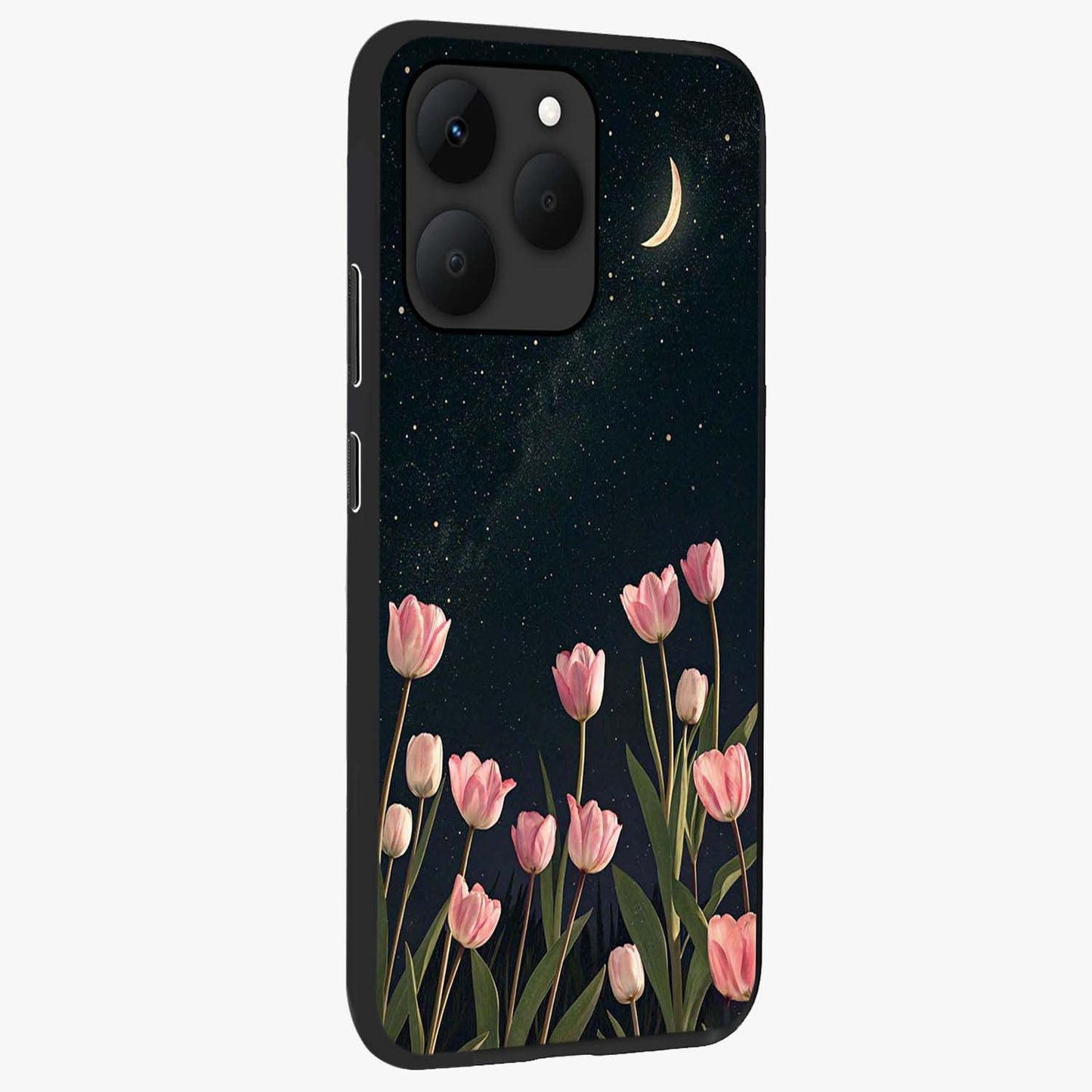 Midnight Tulip Whispers Vibe Glass Case upright view showcasing graceful tulip artwork with calm botanical theme.