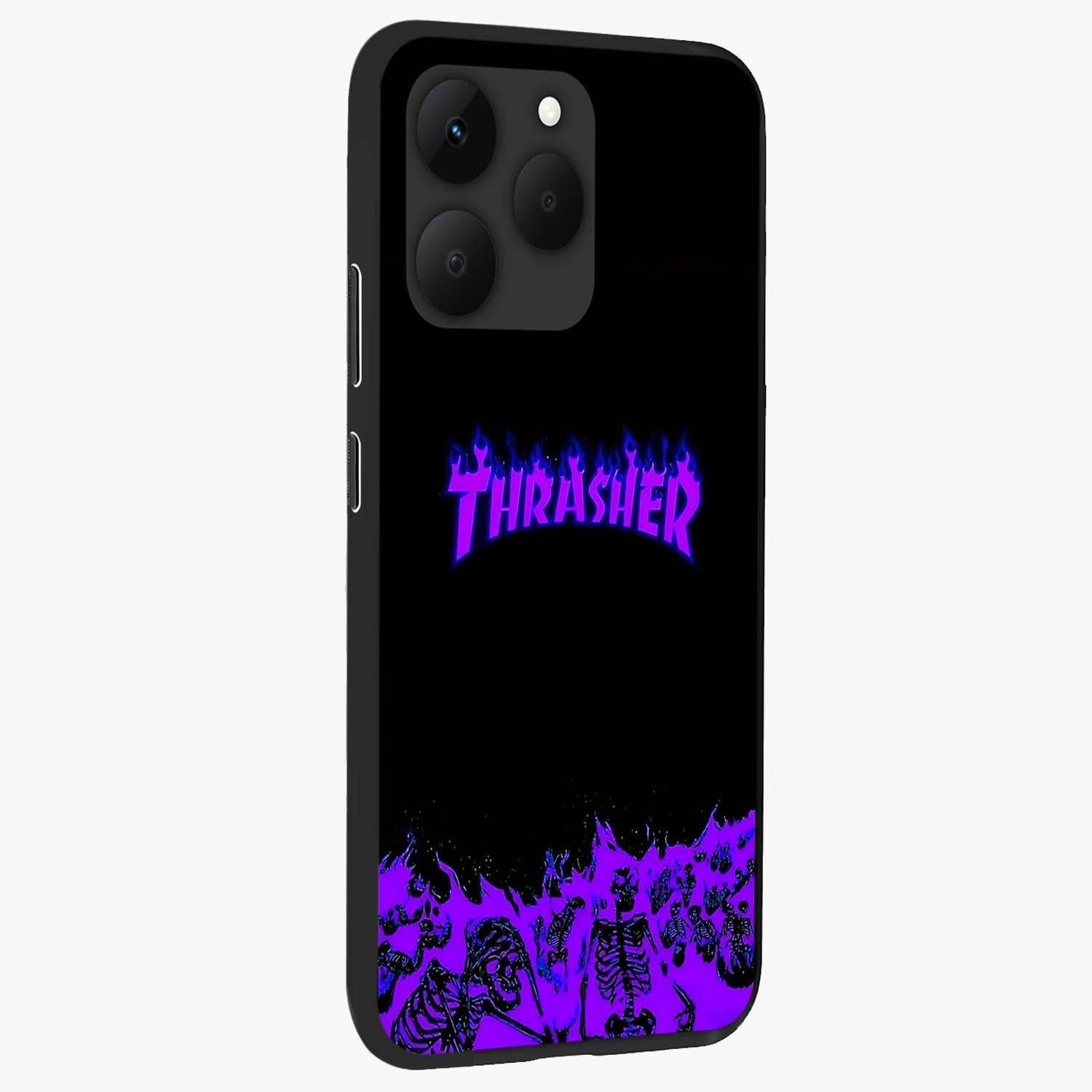 Neon Flame Riot Glass Case upright view showcasing dynamic flame artwork with energetic neon theme.