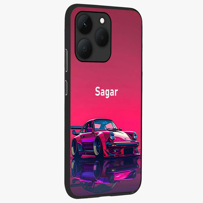 Neon Pink Porsche Glass Case upright view showcasing vibrant sports car artwork with bold automotive theme.