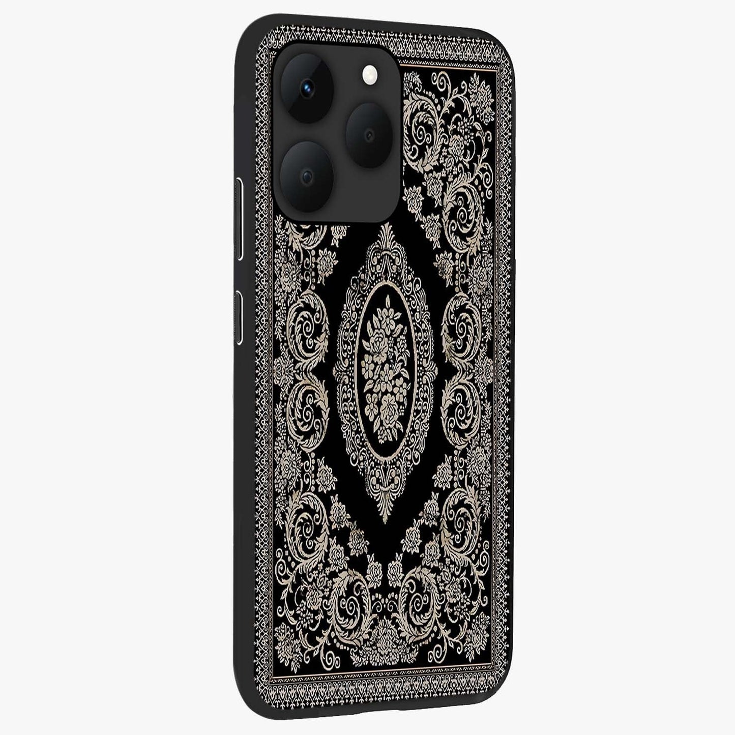 Noir Bloom Elegance Glass Case upright view showcasing graceful floral artwork with luxurious dark theme.