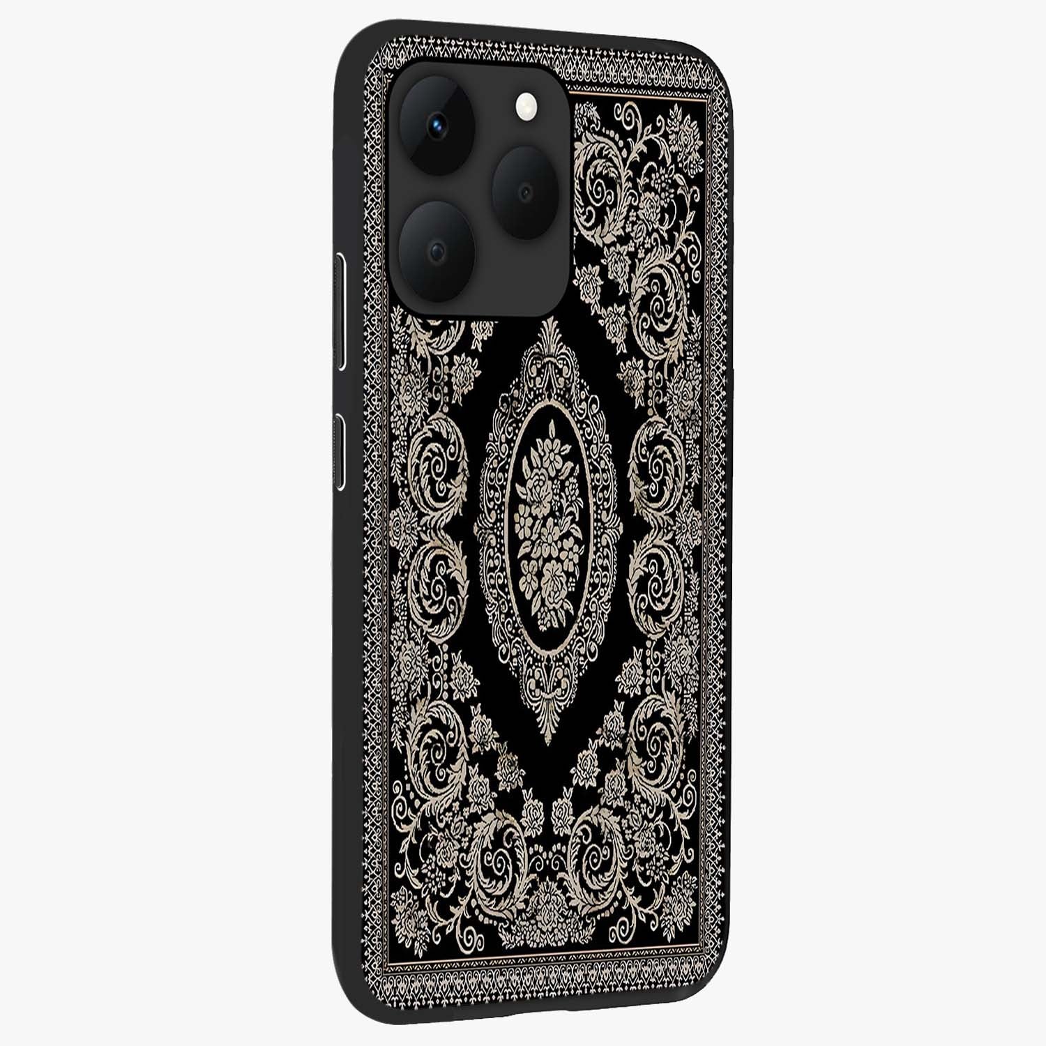 Noir Bloom Elegance Glass Case upright view showcasing graceful floral artwork with luxurious dark theme.