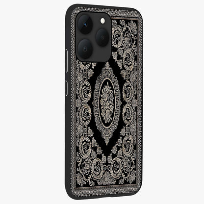 Noir Bloom Elegance Glass Case upright view showcasing graceful floral artwork with luxurious dark theme.