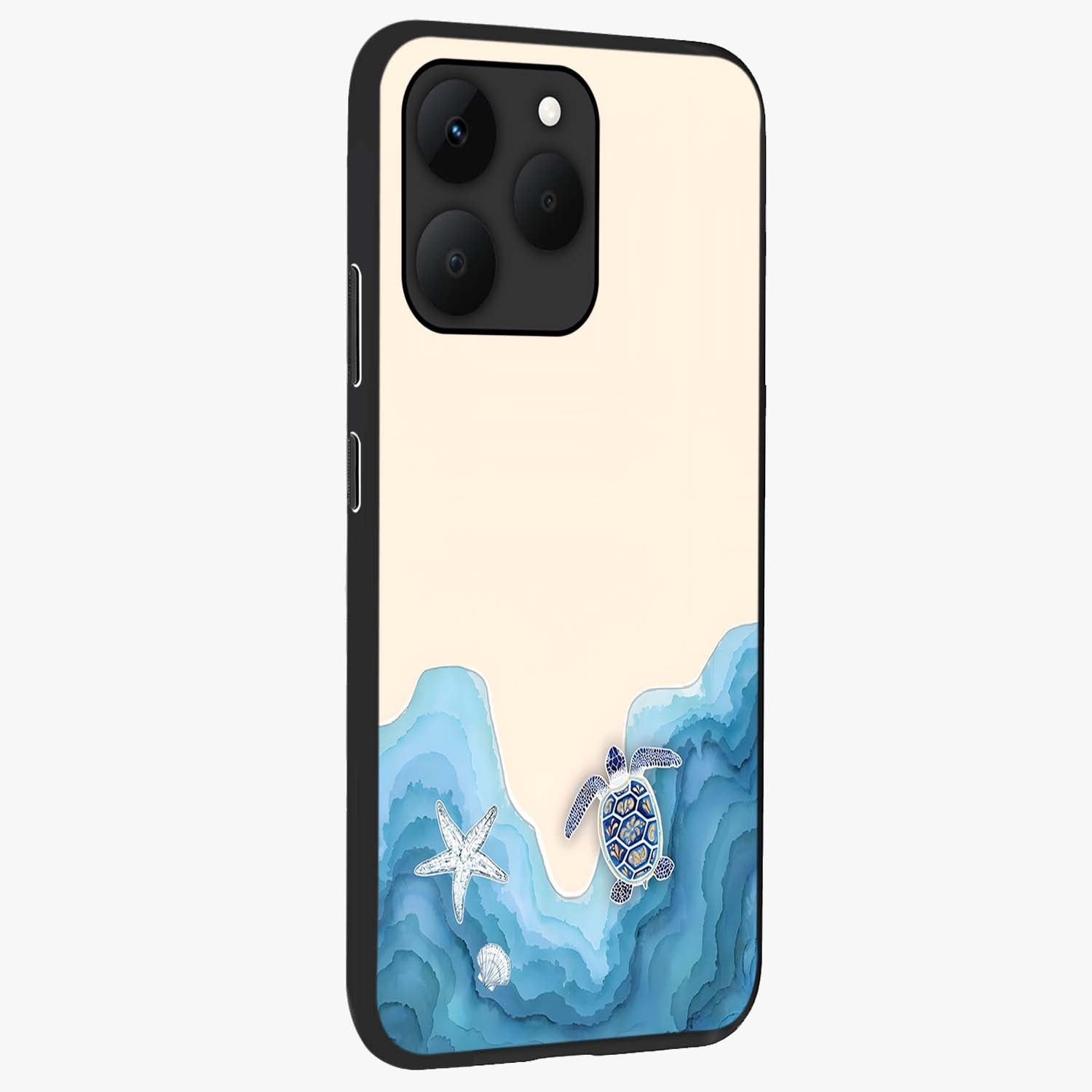 Ocean Drift Turtle Glass Case upright view showcasing calm underwater turtle artwork with nature inspired theme.