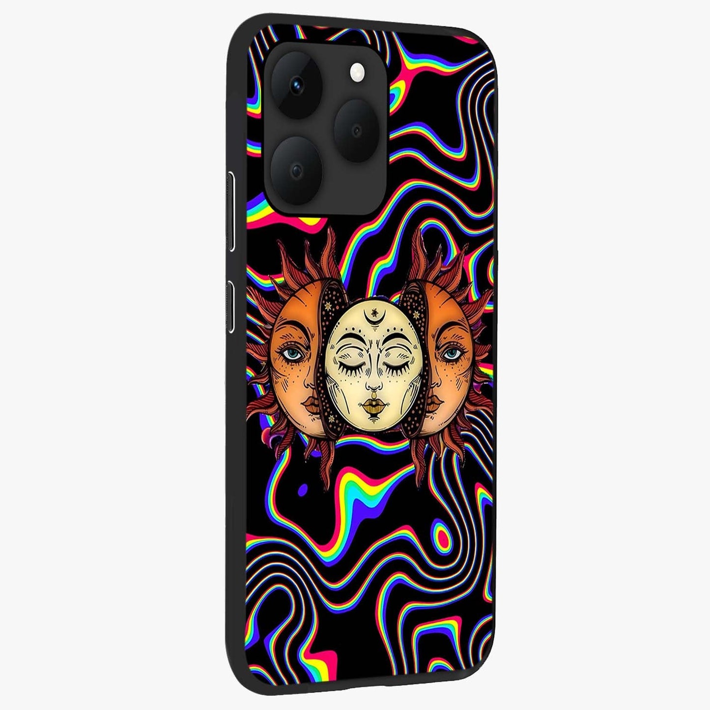 Psychedelic Sun Glass Case upright view showcasing trippy sun artwork with bold psychedelic theme.