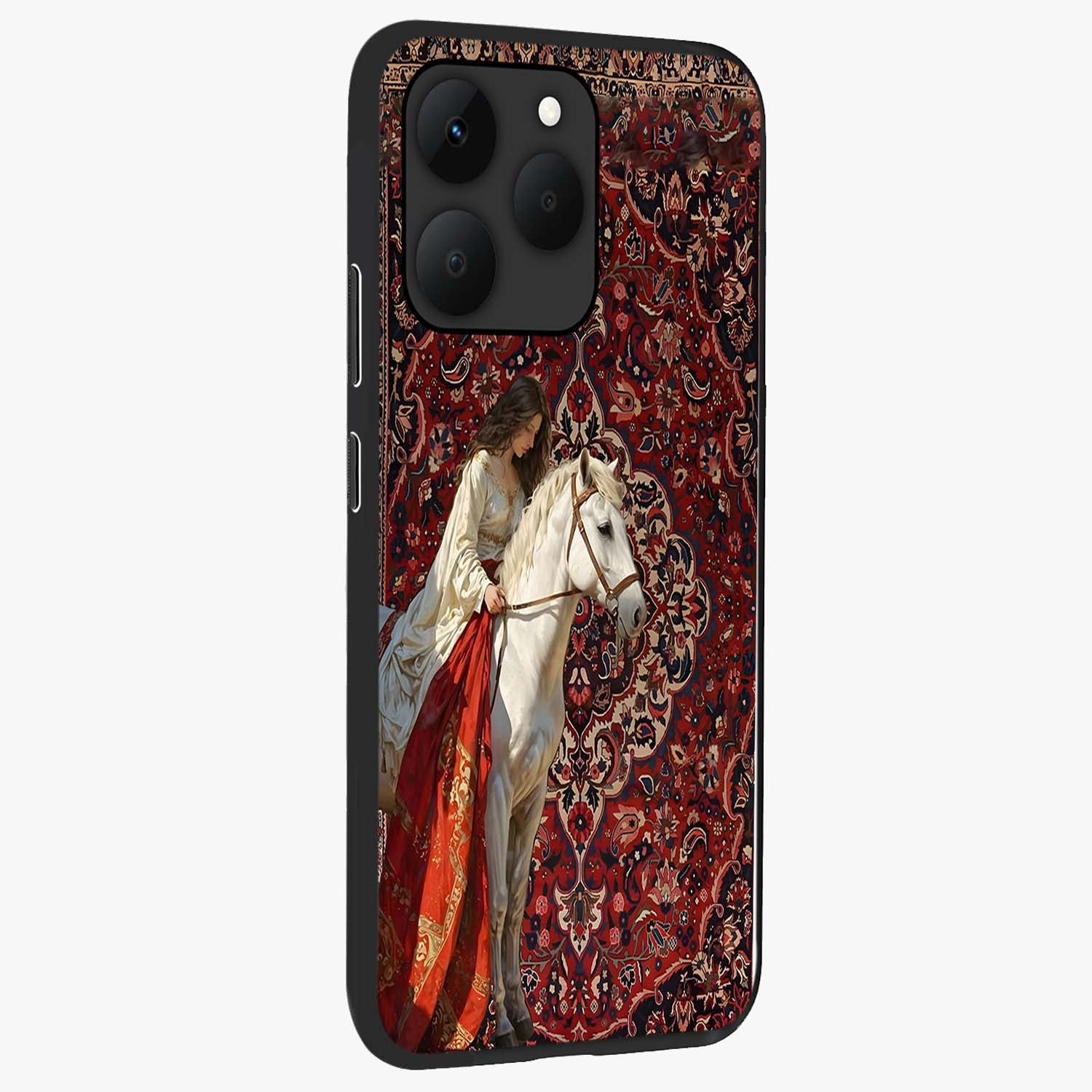 Royal Rider Tapestry Glass Case upright view showcasing detailed rider artwork with classic tapestry theme.