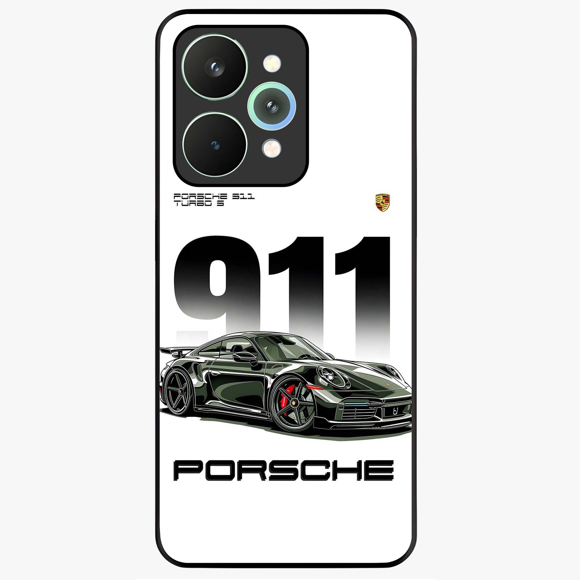911 Turbo Dominance Glass Case showing clean flat back view with bold 911 sports car artwork and glossy glass finish.