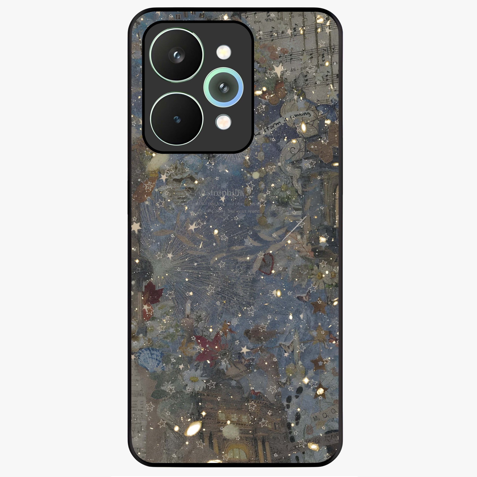 Aesthetic Astrolophia Glass Case showing flat back view with dreamy aesthetic design and glossy glass finish.