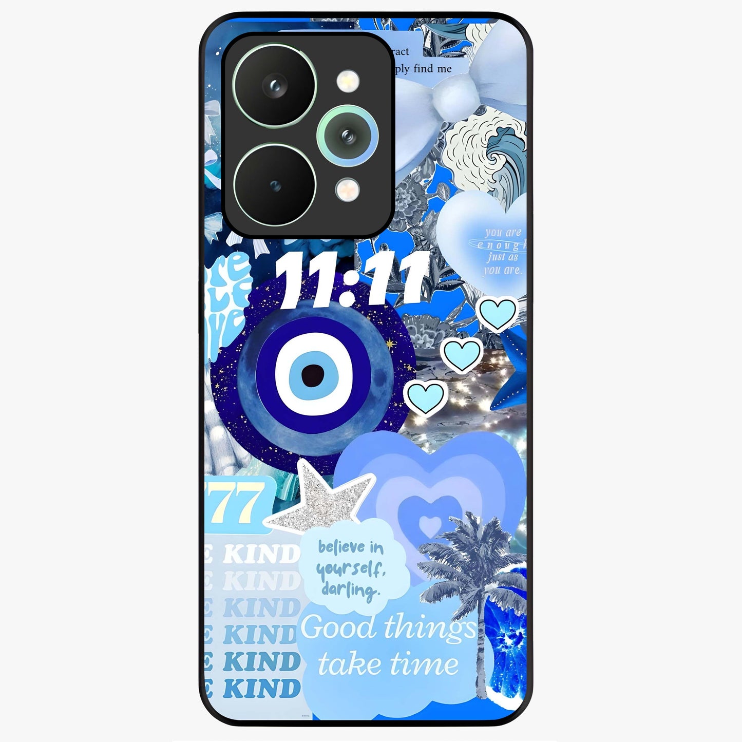Aesthetic Be Kind Eye Glass Case showing flat back view with motivational eye artwork and glossy glass finish.