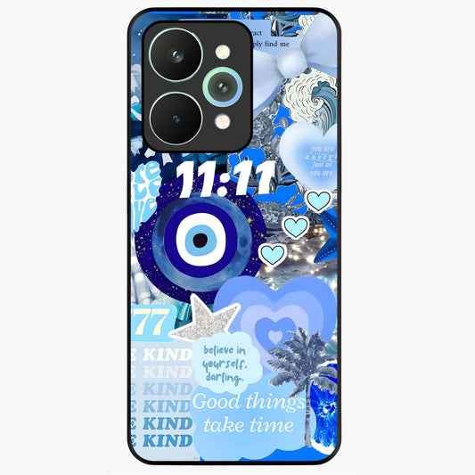 Aesthetic Be Kind Eye Glass Case showing flat back view with motivational eye artwork and glossy glass finish.