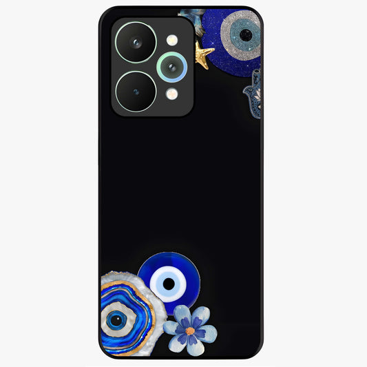 Aesthetic Blue Evil Eye Glass Case showing flat back view with protective evil eye artwork and glossy glass finish.