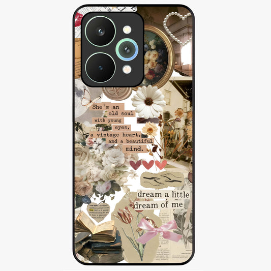 Aesthetic Brown Vintage Collage Glass Case showing flat back view with retro collage artwork and glossy glass finish.