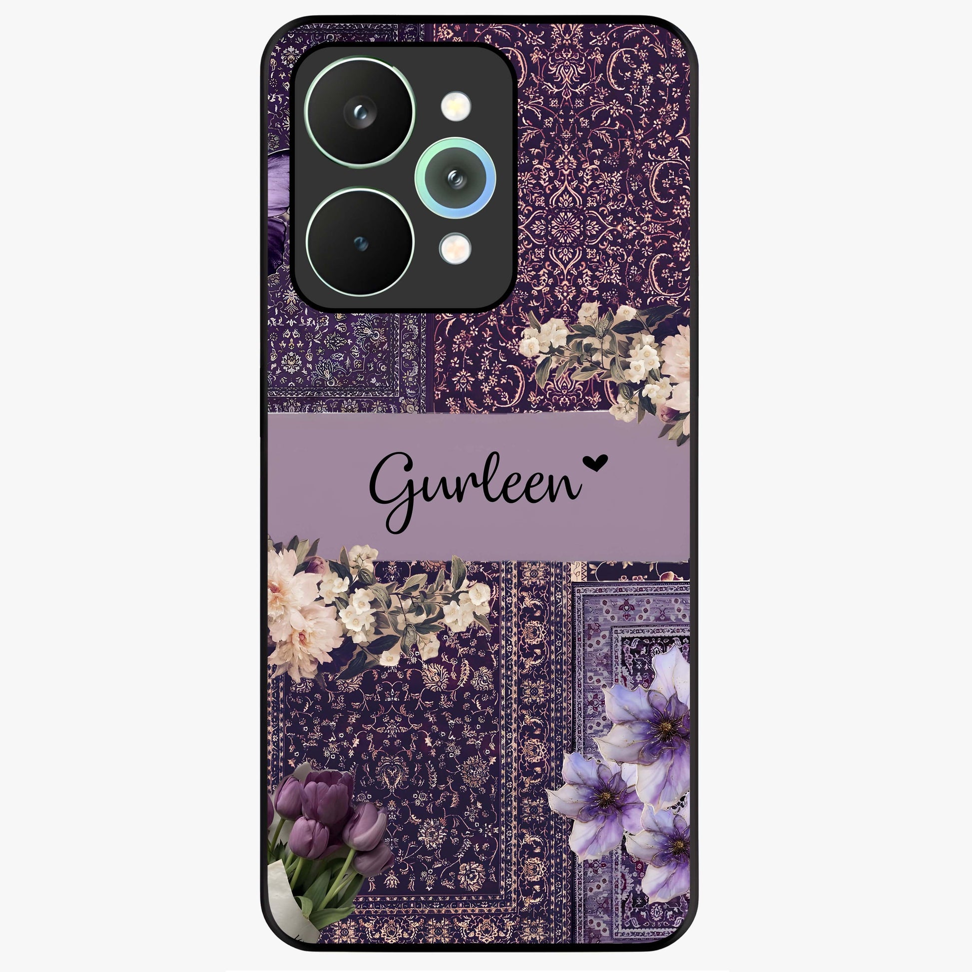 Antique Floral Whisper Custom Name Glass Case showing flat back view with vintage floral artwork and personalized name design.