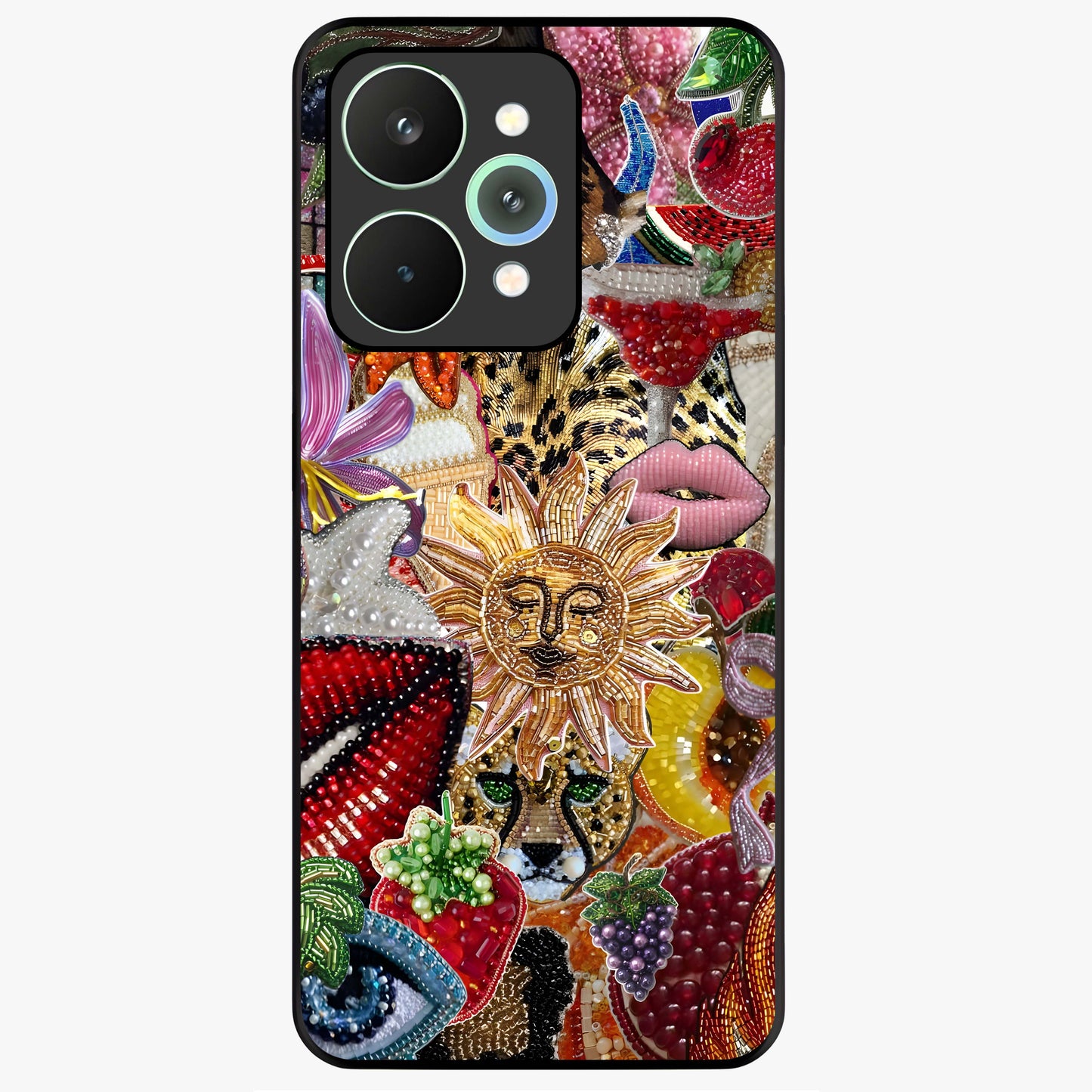Beaded Fashion Jungle Glass Case showing flat back view with vibrant jungle inspired bead artwork and glossy glass finish.