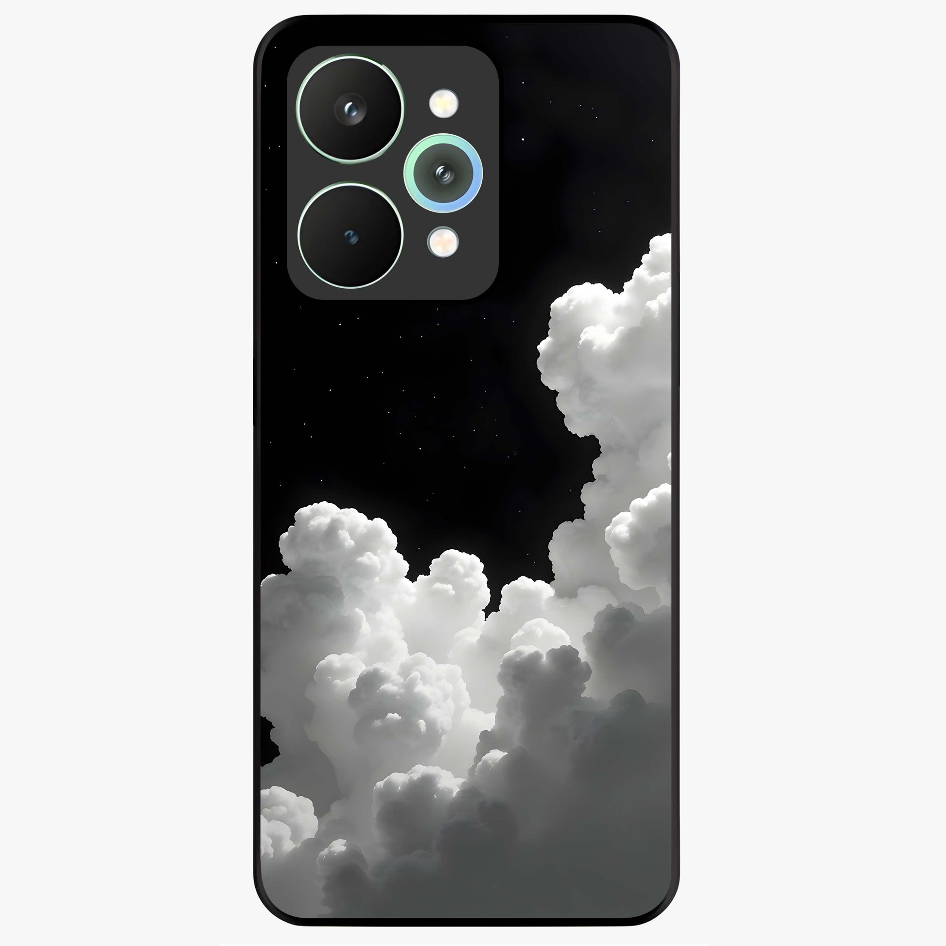 Black Background With White Cloud Glass Case showing flat back view with minimal cloud artwork on dark background and glossy glass finish.
