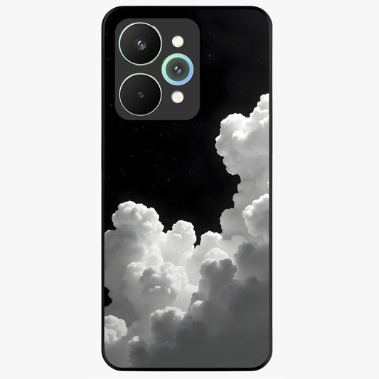 Black Background With White Cloud Glass Case showing flat back view with minimal cloud artwork on dark background and glossy glass finish.