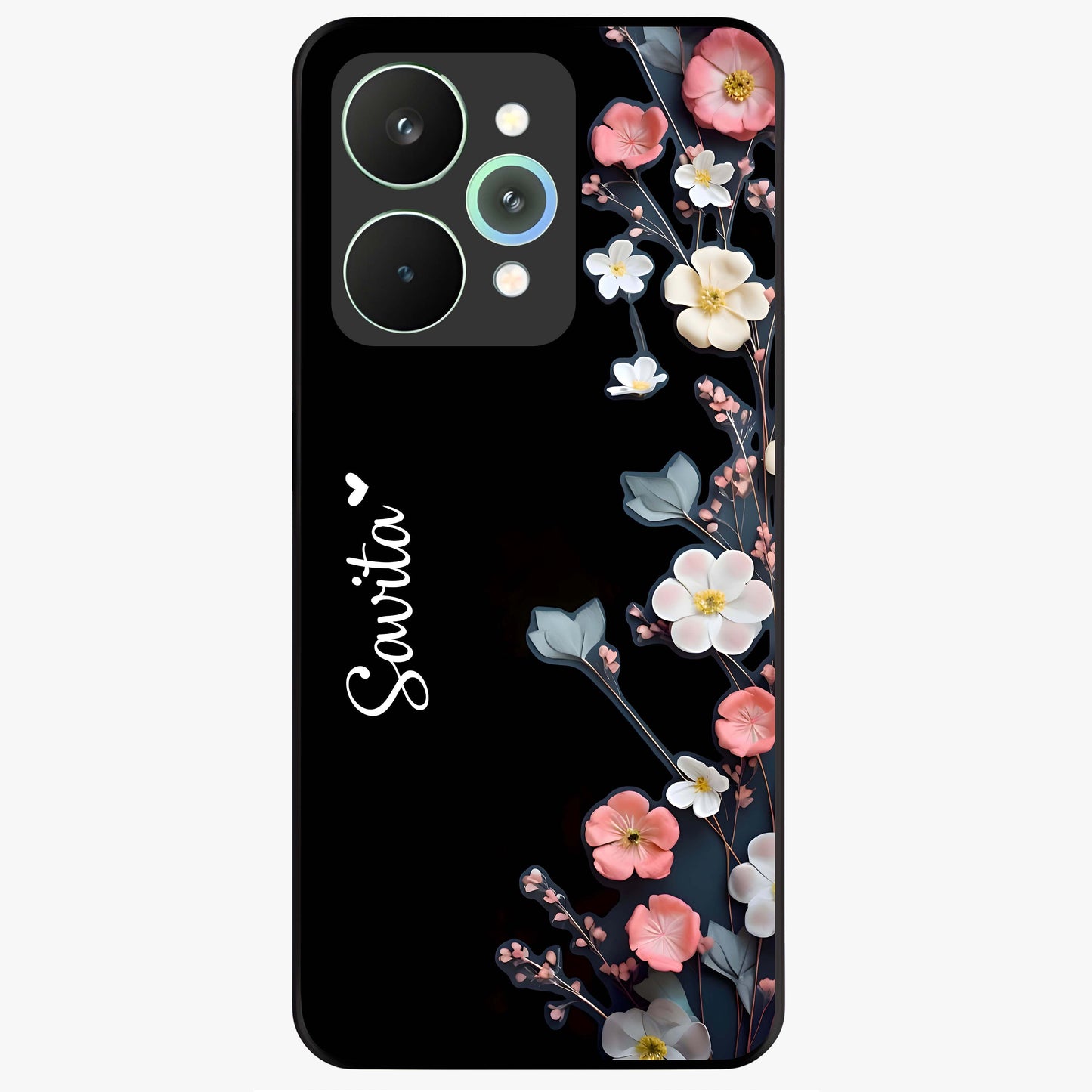 Black Elegance Floral Custom Name Glass Case showing flat back view with elegant floral artwork and personalized name design.