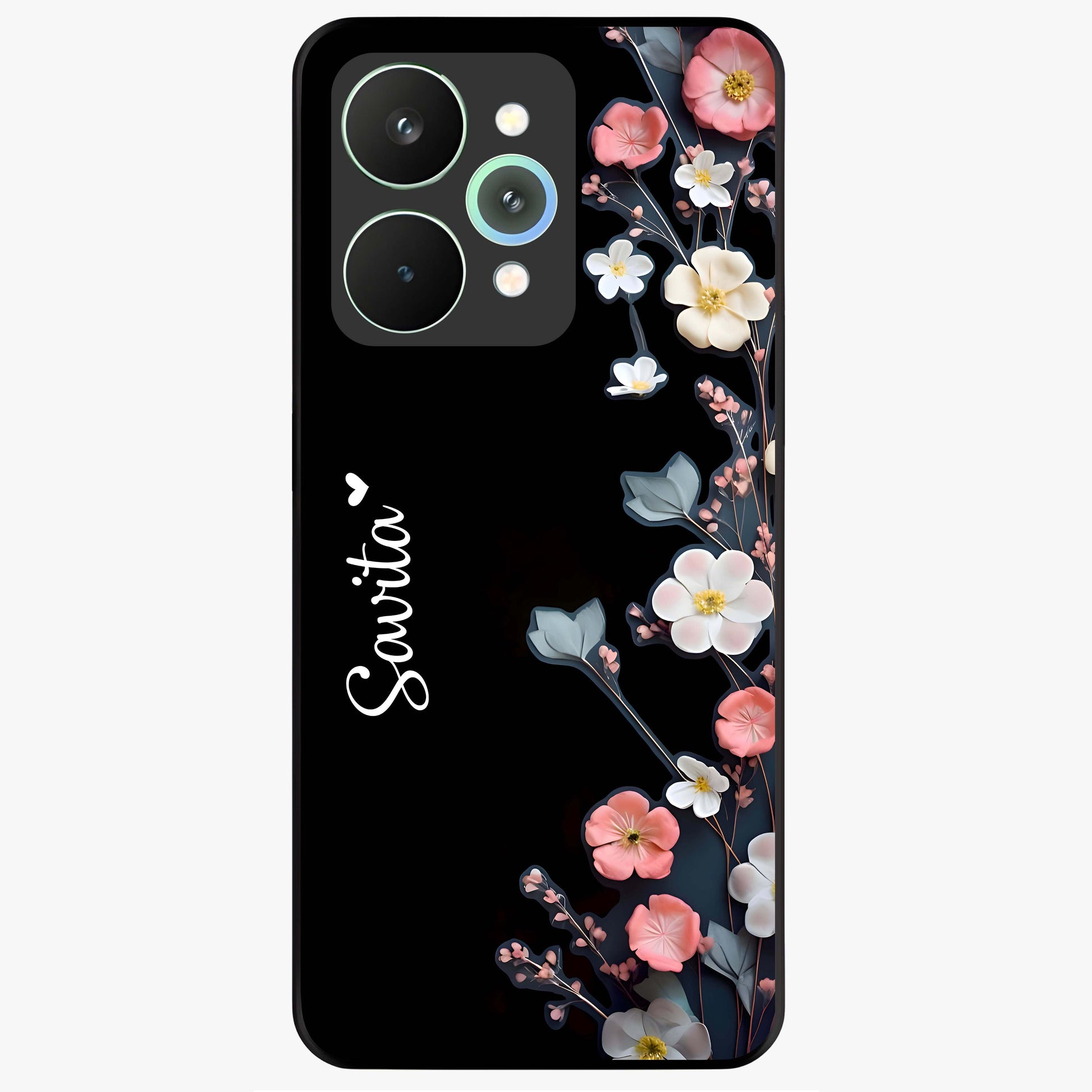 Black Elegance Floral Custom Name Glass Case showing flat back view with elegant floral artwork and personalized name design.