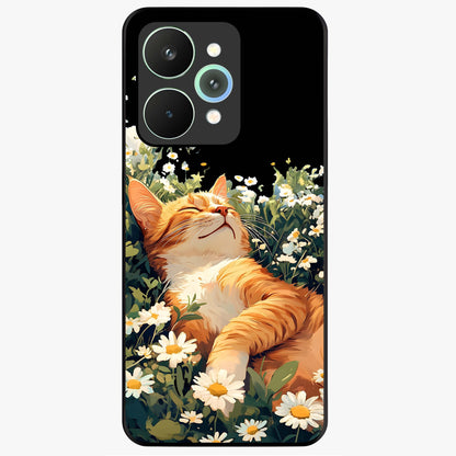 Blissful Bloom Cat Glass Case showing flat back view with cute cat and floral bloom artwork and glossy glass finish.