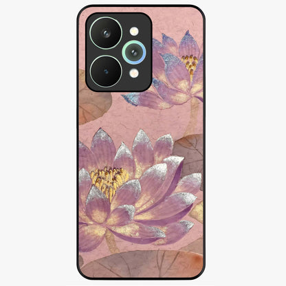 Blossom Mist Lotus Glass Case showing flat back view with serene lotus blossom artwork and glossy glass finish.