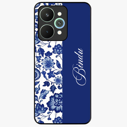 Blue Vintage Floral Pattern Glass Case upright view showcasing timeless floral illustration with vintage inspired style.