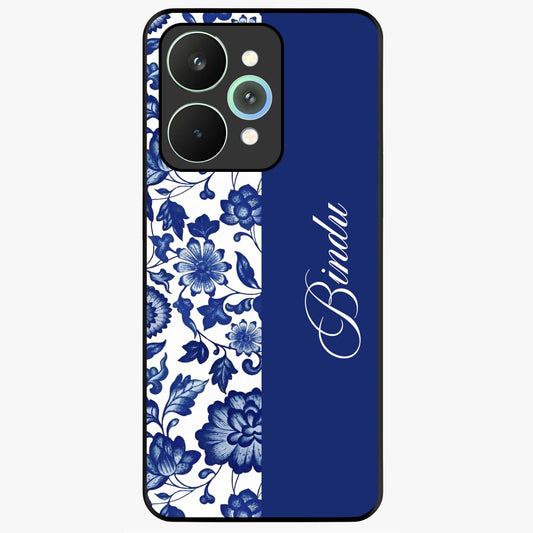 Blue Vintage Floral Pattern Glass Case upright view showcasing timeless floral illustration with vintage inspired style.