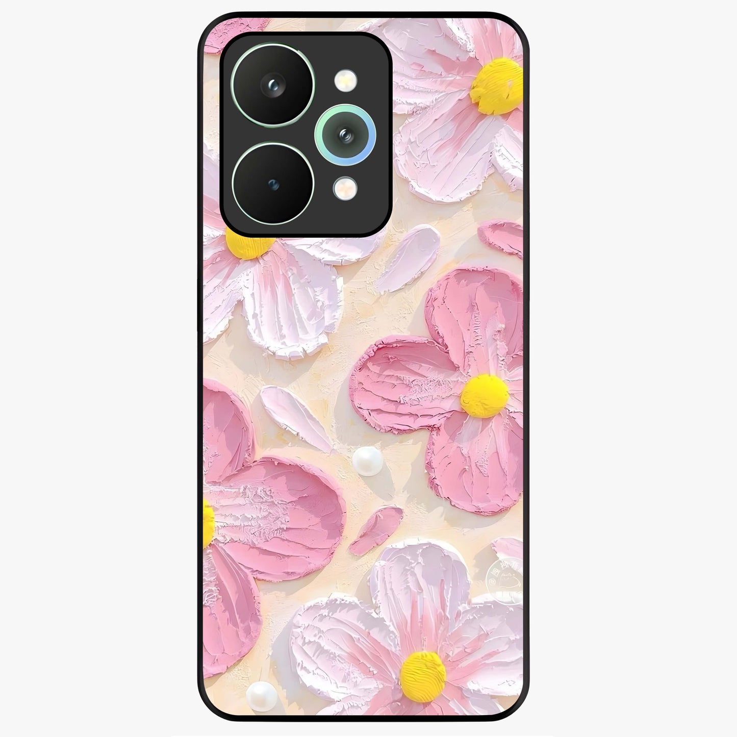 Blush Bloom Texture Glass Case showing flat back view with soft blush floral texture artwork and glossy glass finish.