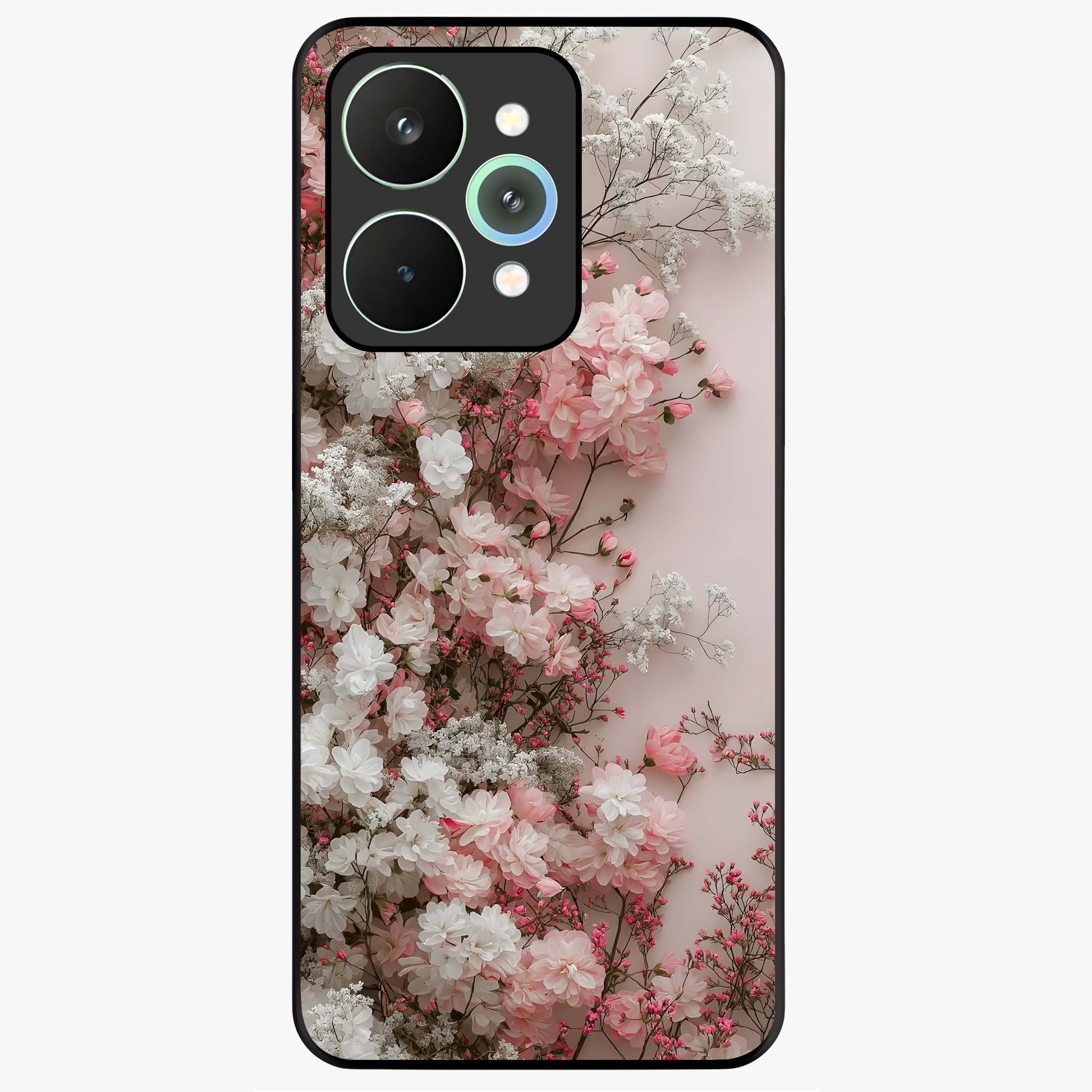 Blush Blossom Cloud Glass Case showing flat back view with dreamy blush cloud blossom artwork and glossy glass finish.