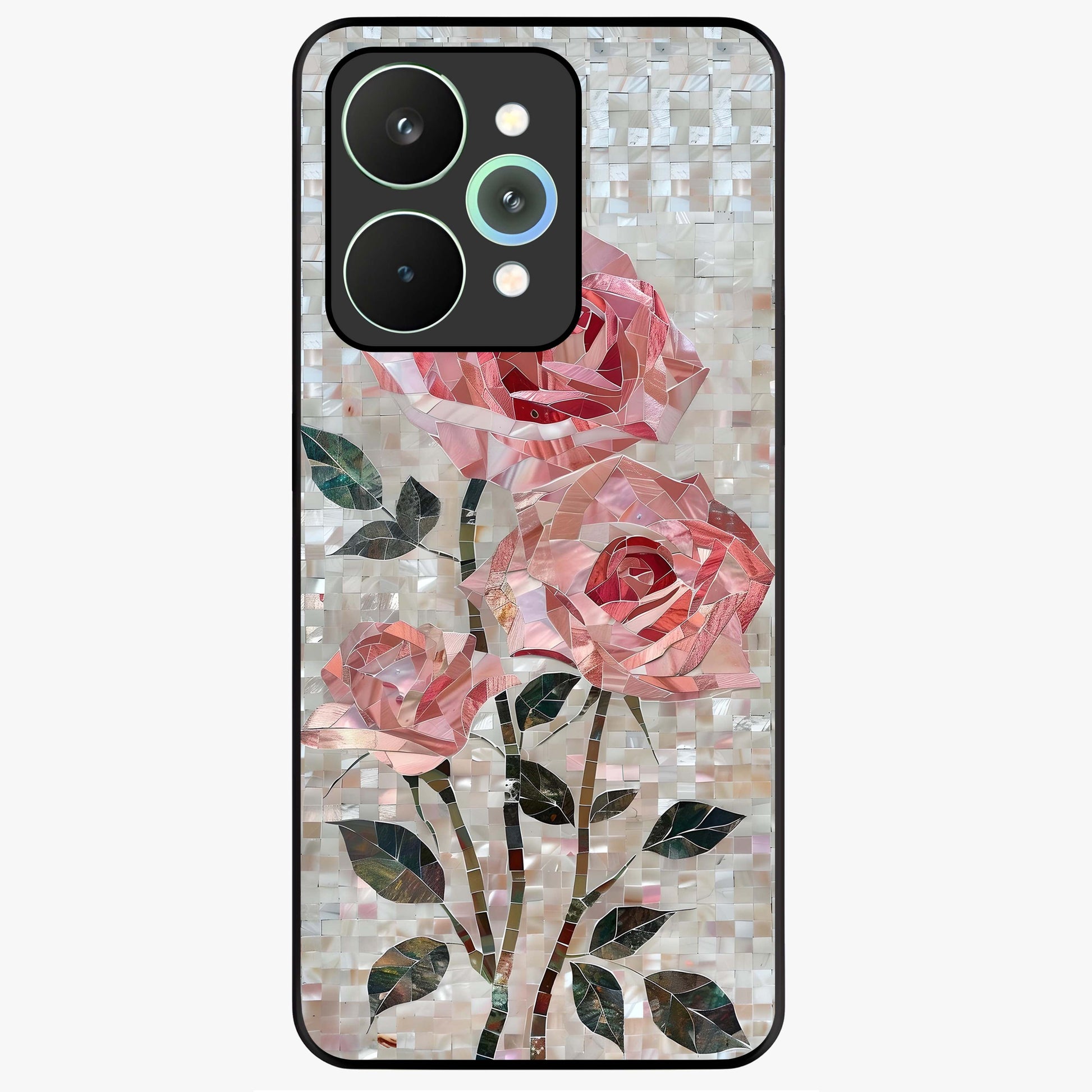 Blush Mosaic Bloom Glass Case showing flat back view with mosaic floral bloom artwork and glossy glass finish.