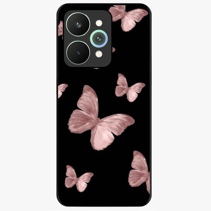 Butterfly Pattern Glass Case showing flat back view with elegant butterfly pattern artwork and glossy glass finish.