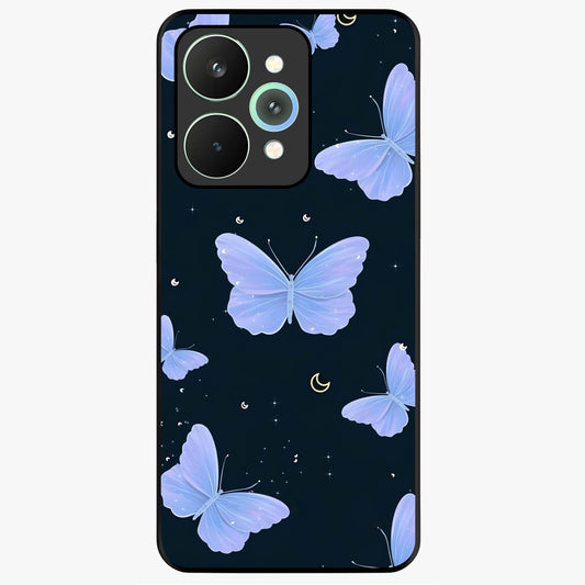 Butterfly With Stars Pattern Glass Case showing flat back view with butterfly and star pattern artwork and glossy glass finish.