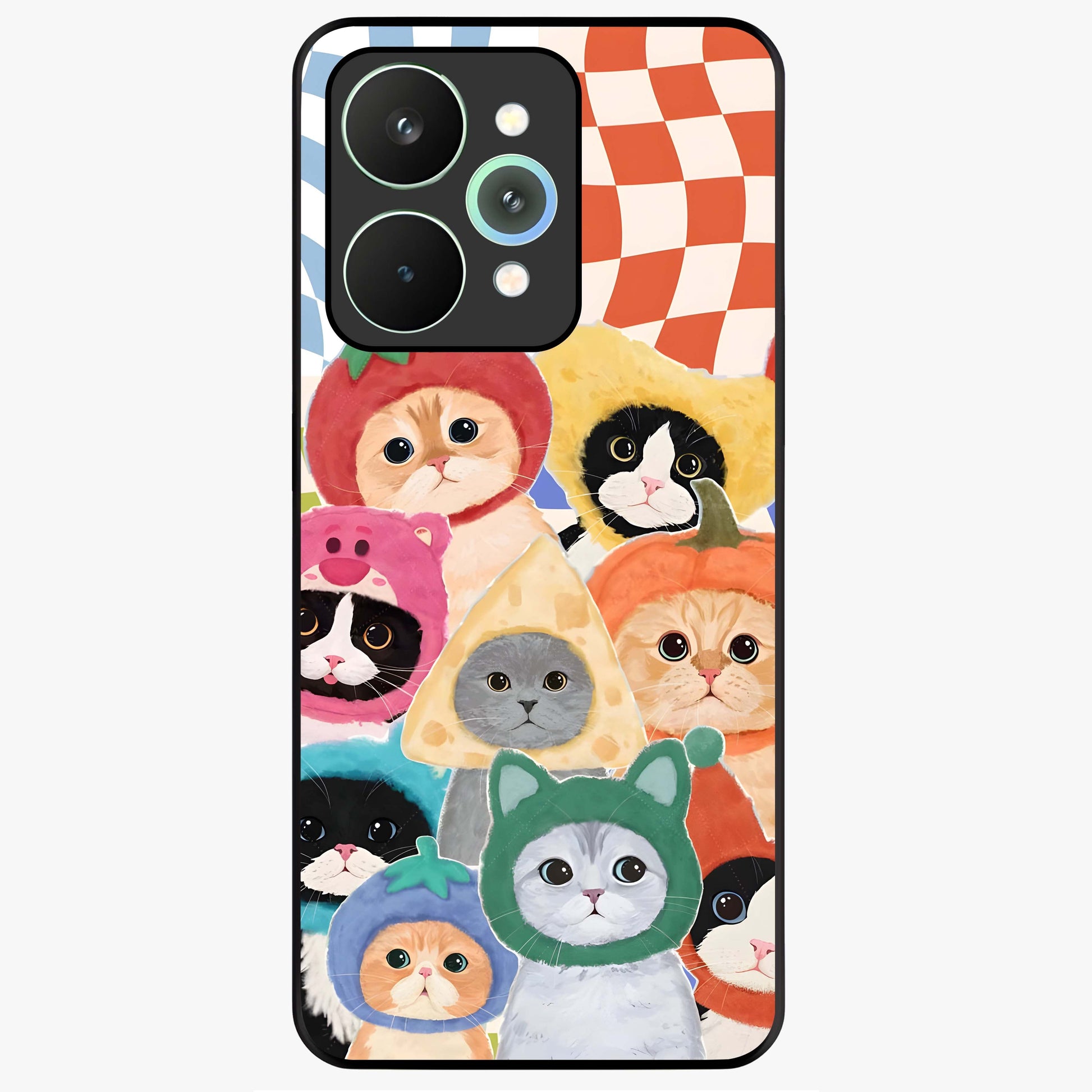 Cats in Fruits Glass Case showing flat back view with playful cat illustrations inside fruit artwork and glossy glass finish.