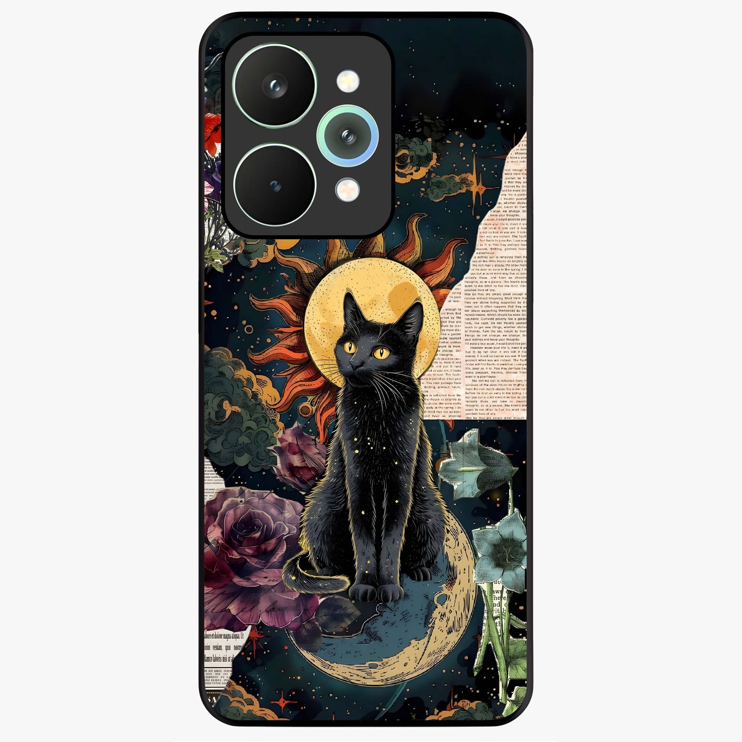 Celestial Black Cat Glass Case showing flat back view with mystical black cat artwork and glossy glass finish.