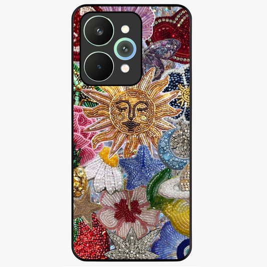 Celestial Floral and Playful Glass Case showing flat back view with floral and celestial themed artwork and glossy glass finish.