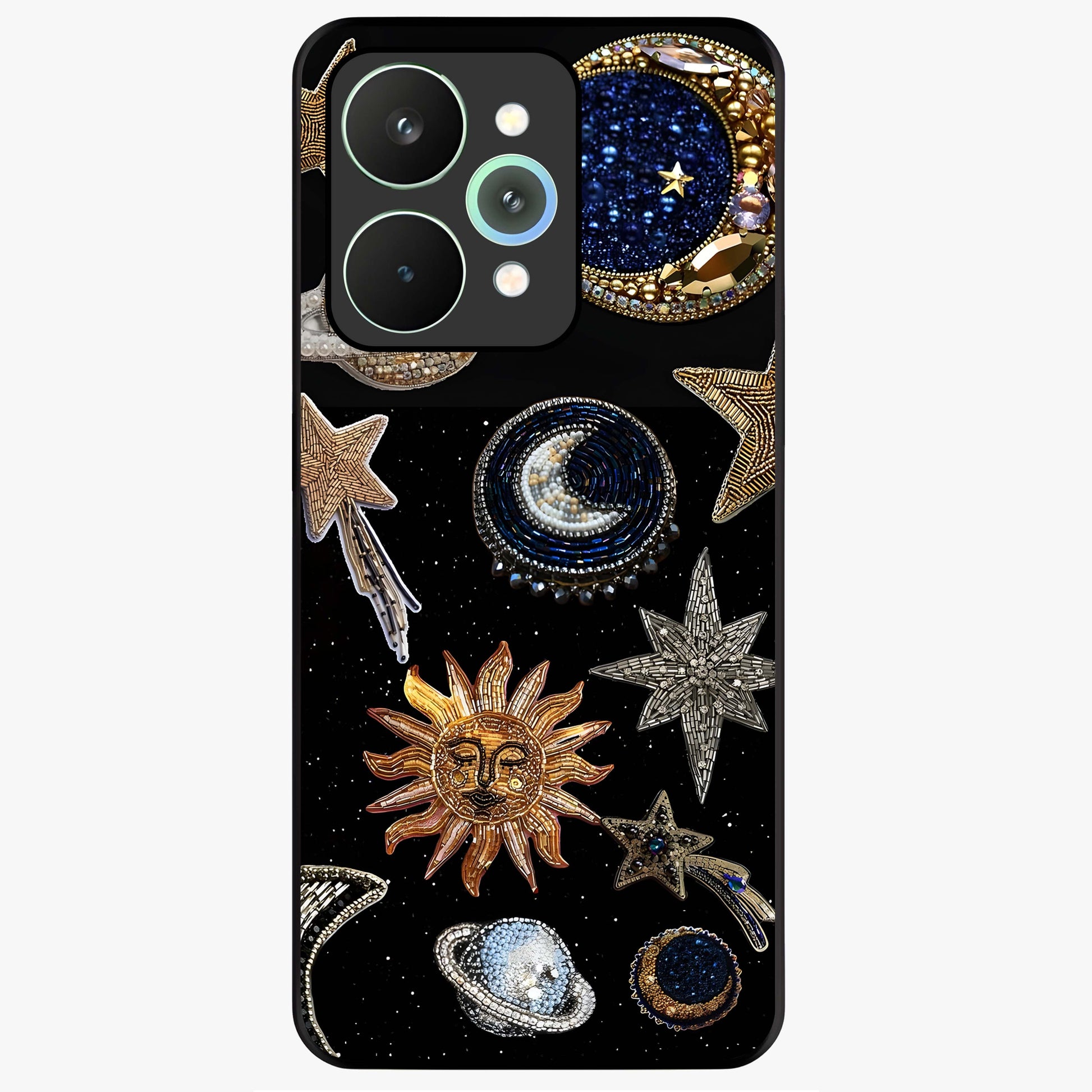 Celestial Gem Constellations Glass Case showing flat back view with sparkling constellation artwork and glossy glass finish.