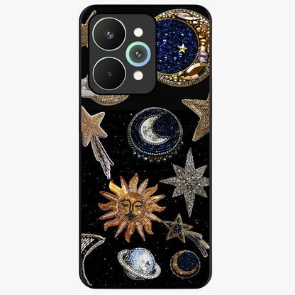 Celestial Gem Constellations Glass Case showing flat back view with sparkling constellation artwork and glossy glass finish.