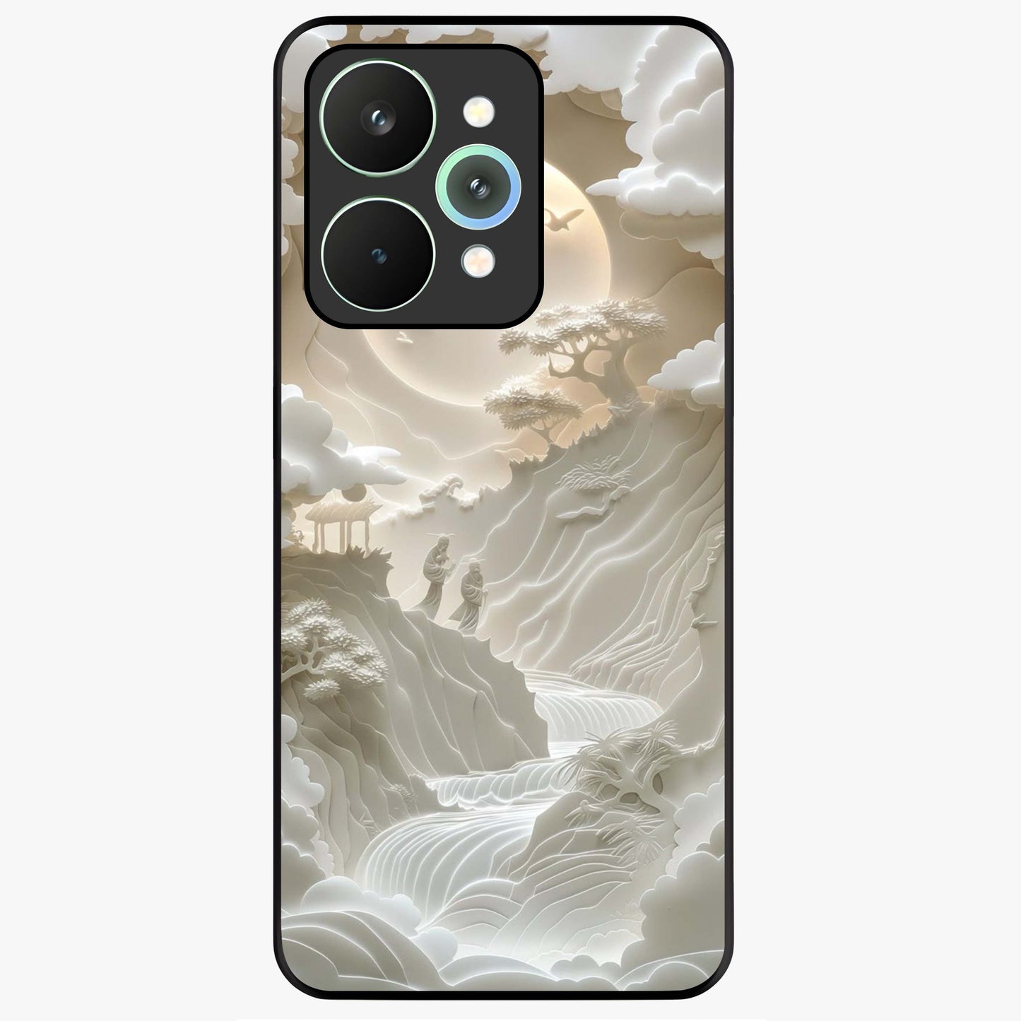 Celestial Origami Glass Case showing flat back view with artistic origami inspired celestial artwork and glossy glass finish.