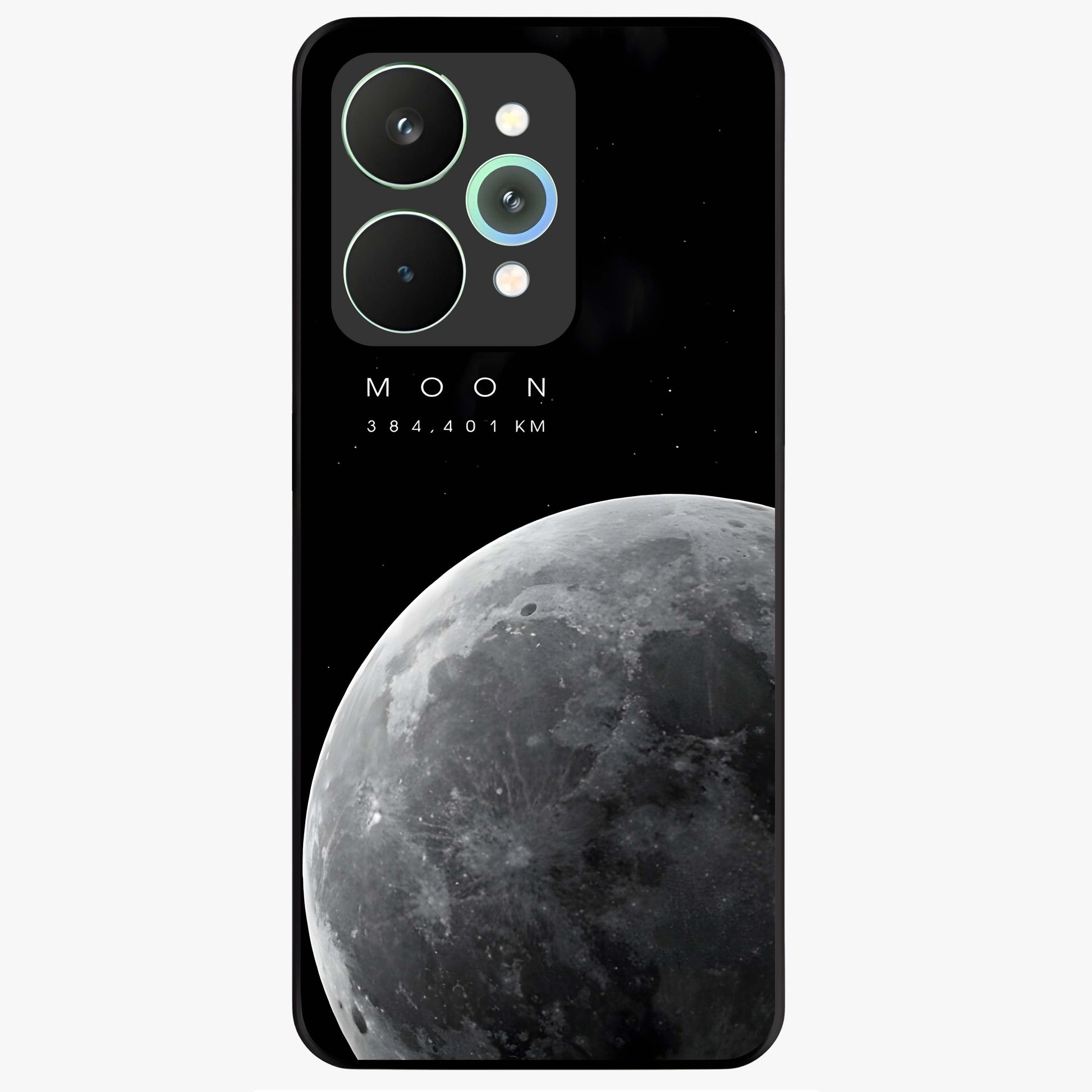 Cosmic Moon Glow Glass Case showing flat back view with glowing moon artwork and glossy glass finish.