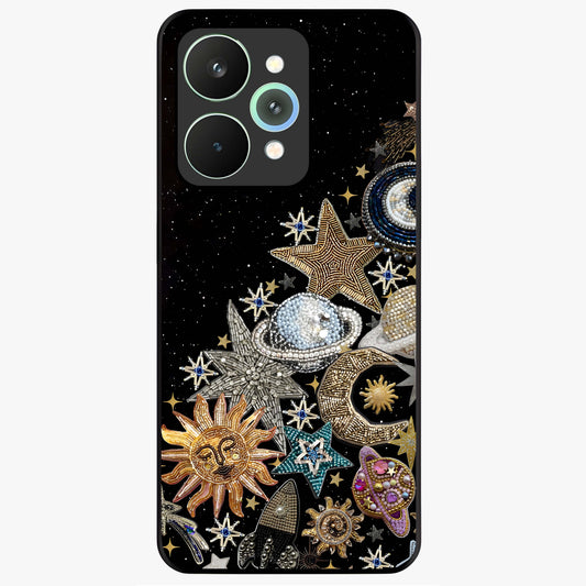 Cosmic Sparkle Dreams Glass Case showing flat back view with sparkling cosmic artwork and glossy glass finish.