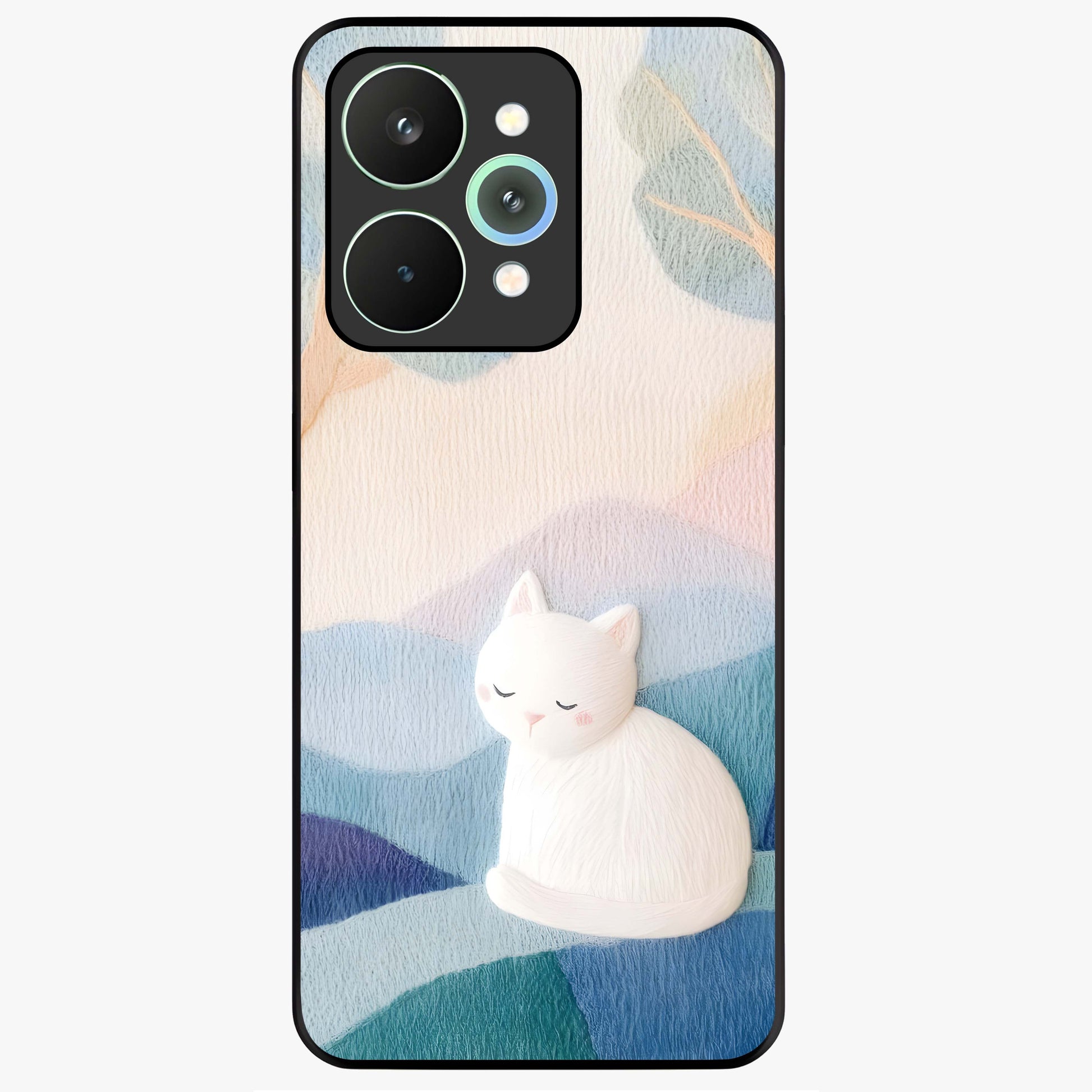 Cotton Dream Cat Glass Case showing flat back view with soft dreamy cat artwork and glossy glass finish.
