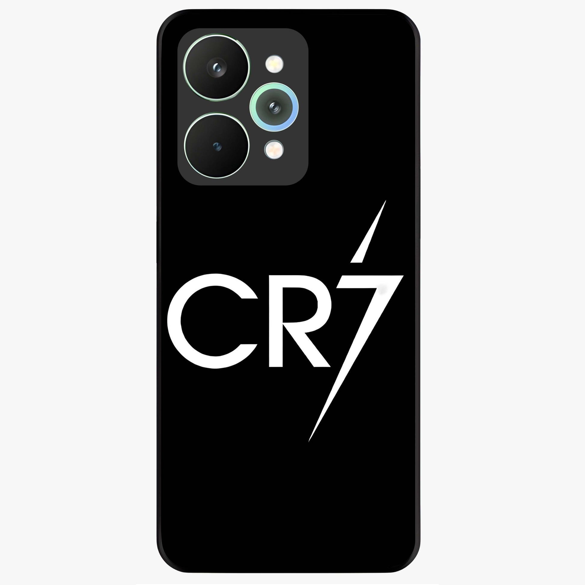 Cr7 Elite Strike Glass Case showing flat back view with dynamic football inspired artwork and glossy glass finish.